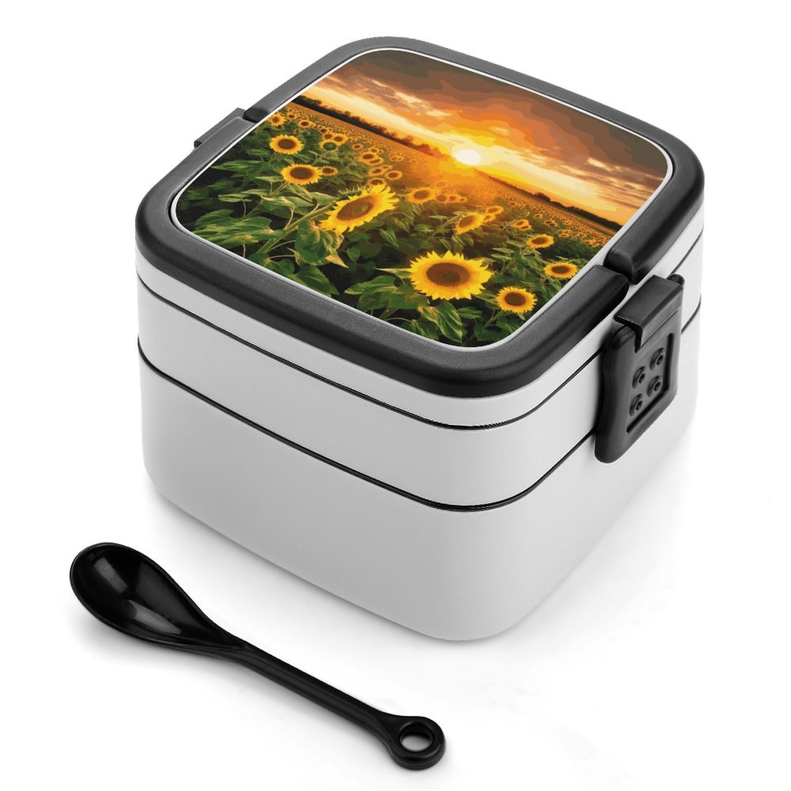 FekiLoot Sunflower Field Sunset Bento Box Adult Lunch Box Sealed Bento Lunch Boxes with Spoon Sturdy Double Layer Bento Boxes Snap-on Design Leak Proof Lunch Containers Ideal for Work