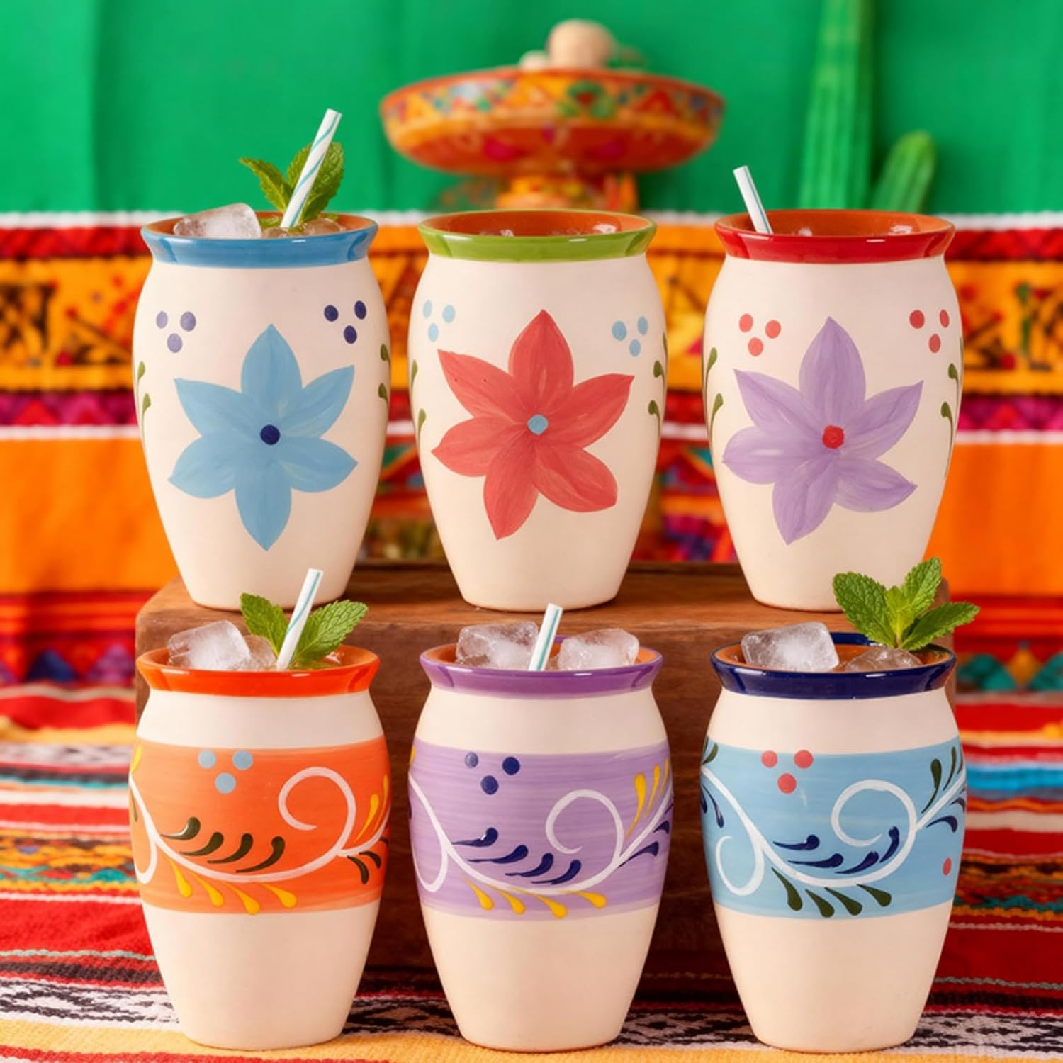 6 Pack Cantaritos Cups, 12 Oz Hand Painted Clay Dringking Cups, Colorful Mexican Terracotta Mugs, Pottery Cocktail Cup Bottles for Margaritas Mojitos Mexican Fiesta Taco Tuesday