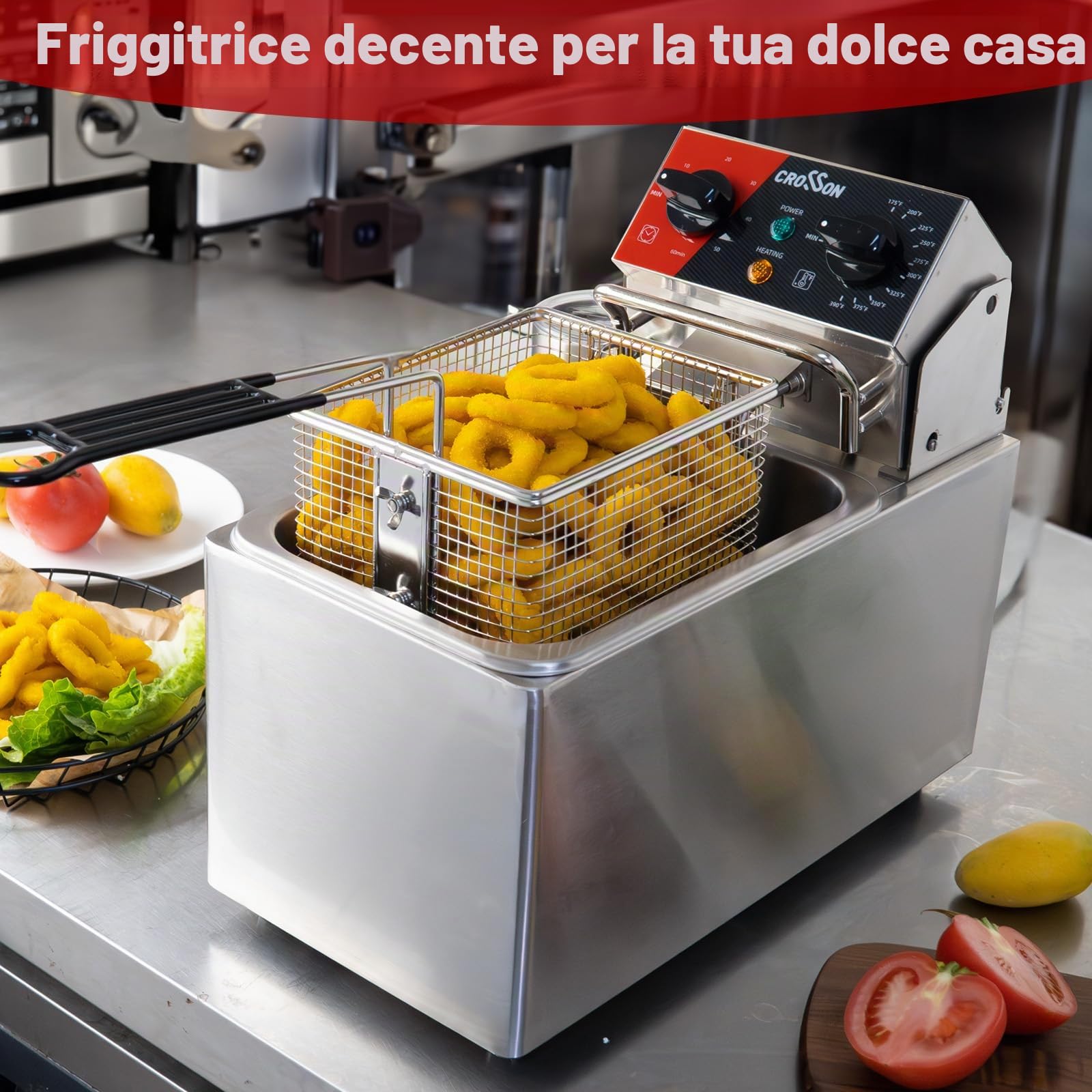 CROSSON Friggitrice Elettrica Professionale 4L 2000W Friggitrice a Olio Elettrica con Cestello e Coperchio,Riscaldamento Rapido,per Cucina Hotel Ristorante，serbatoio singolo da 4L