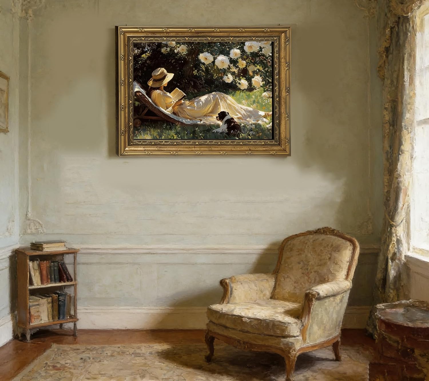 Vintage Gold Framed Canvas Wall Art, Country Woman Reading Painting Picture Wall Decor, Spring English Garden Poster Print Artwork for Rural Countryside Living Room Home Decoration 12x16in