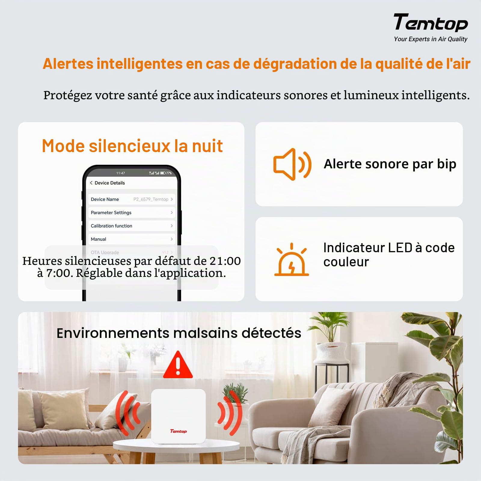 Temtop Moniteur de Qualité de l'air P2 - Mesure Précise des PM2,5 PM10 CO2 Température et Humidité pour Maison Bureau, Avec Affichage AQI et Application Bluetooth