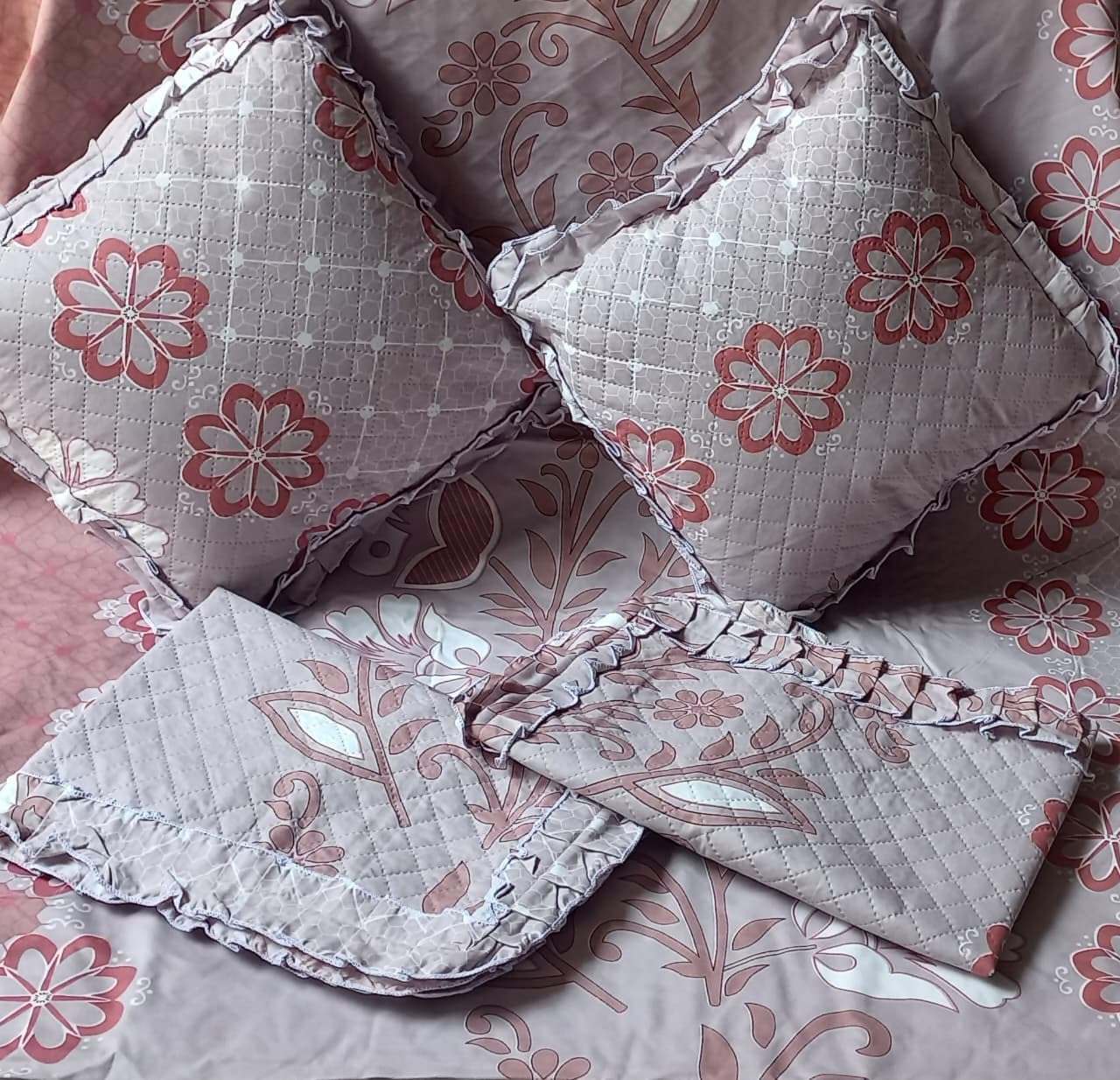 Quilted Bedspread Set with Pink Floral Pattern, Grey Background, Ruffled Edges, Decorative Bedding Cover
