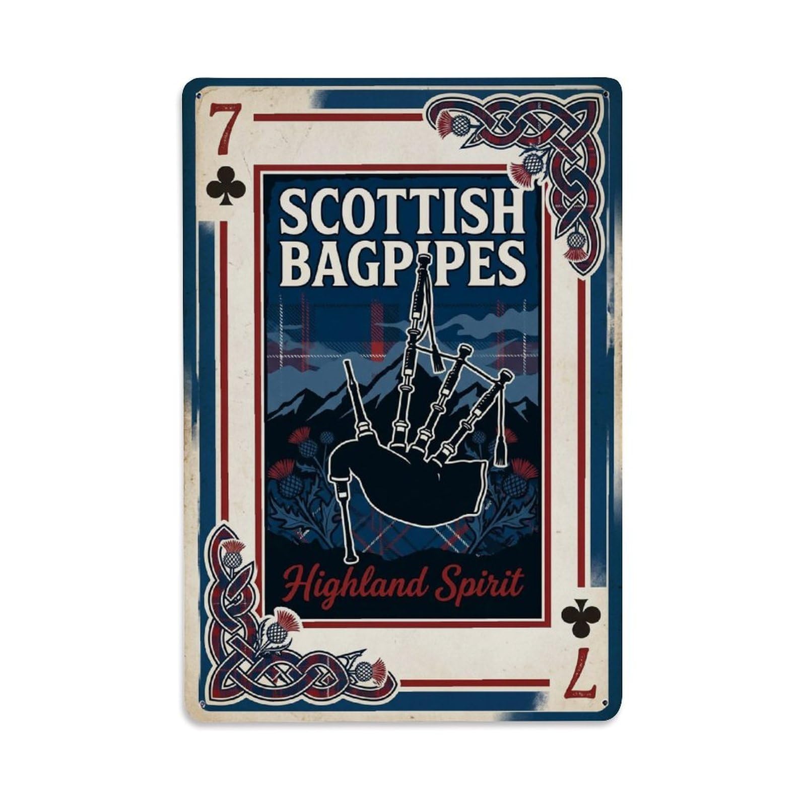 Scottish Bagpipes Highland Music Playing Card Celtic Metal Tin Sign Plaque Wall Decor for Cafe, Man Cave, Club Bar, Office, Home Garden Round Metal Poster 8x12Inch