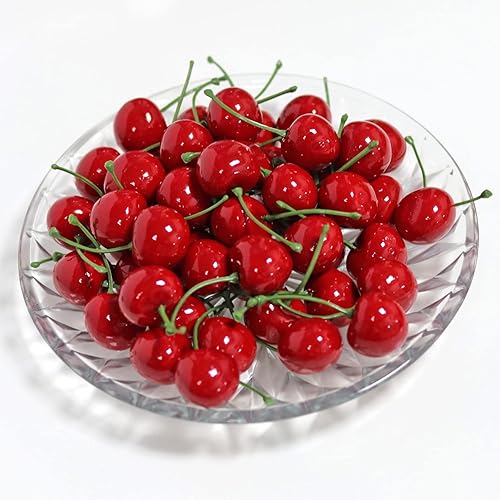 Miniatura 5 de Cerezas falsas, 50 piezas de cereza artificial roja para el hogar, cocina, frutero, decoración de cupcakes falsos
