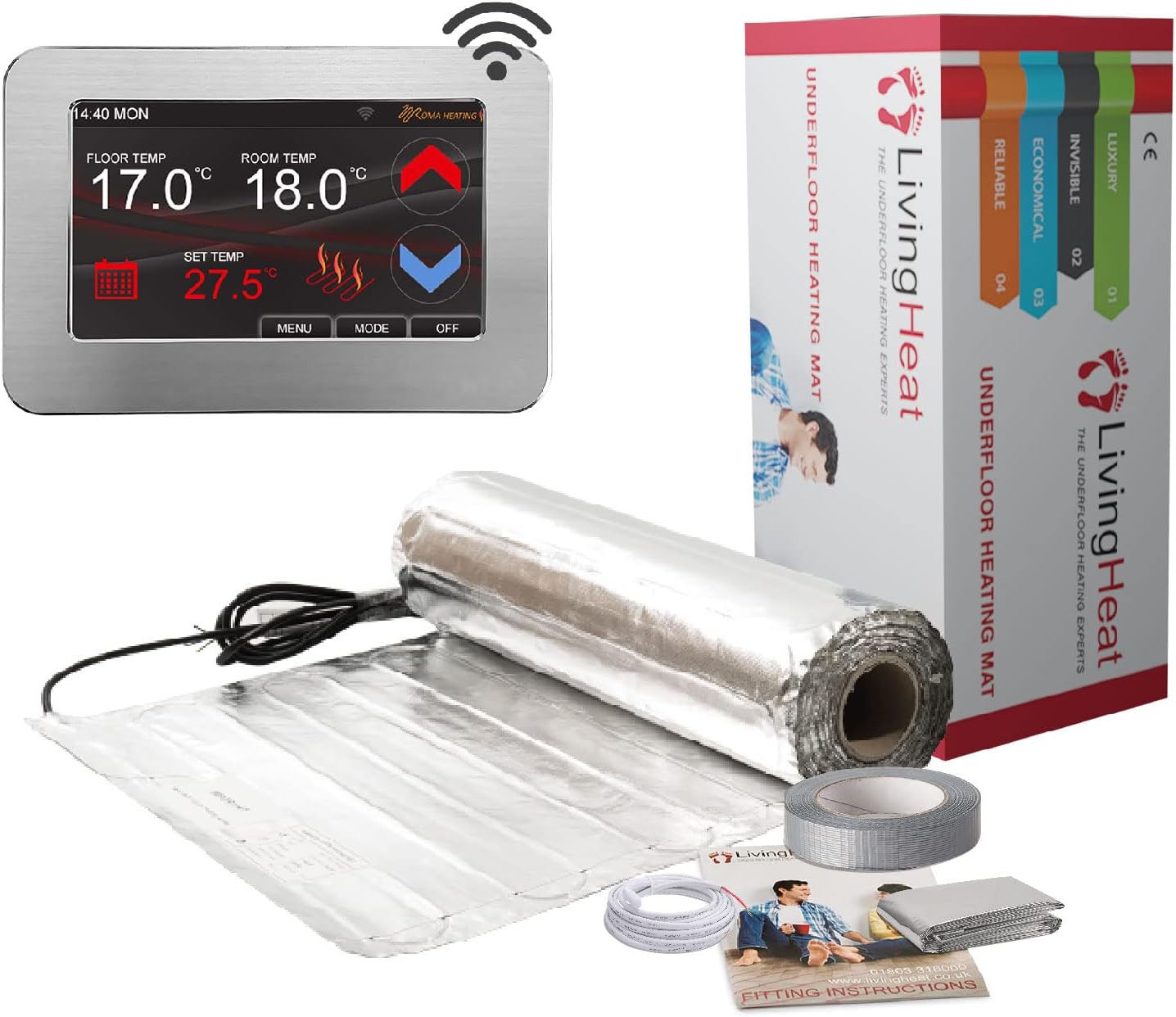Underfloor Heating Kit for Under Laminate & Wood Floors, Electric 150w /m² with Silver CT1000 Wi-Fi Colour Touch Screen Thermostat, 14/m²