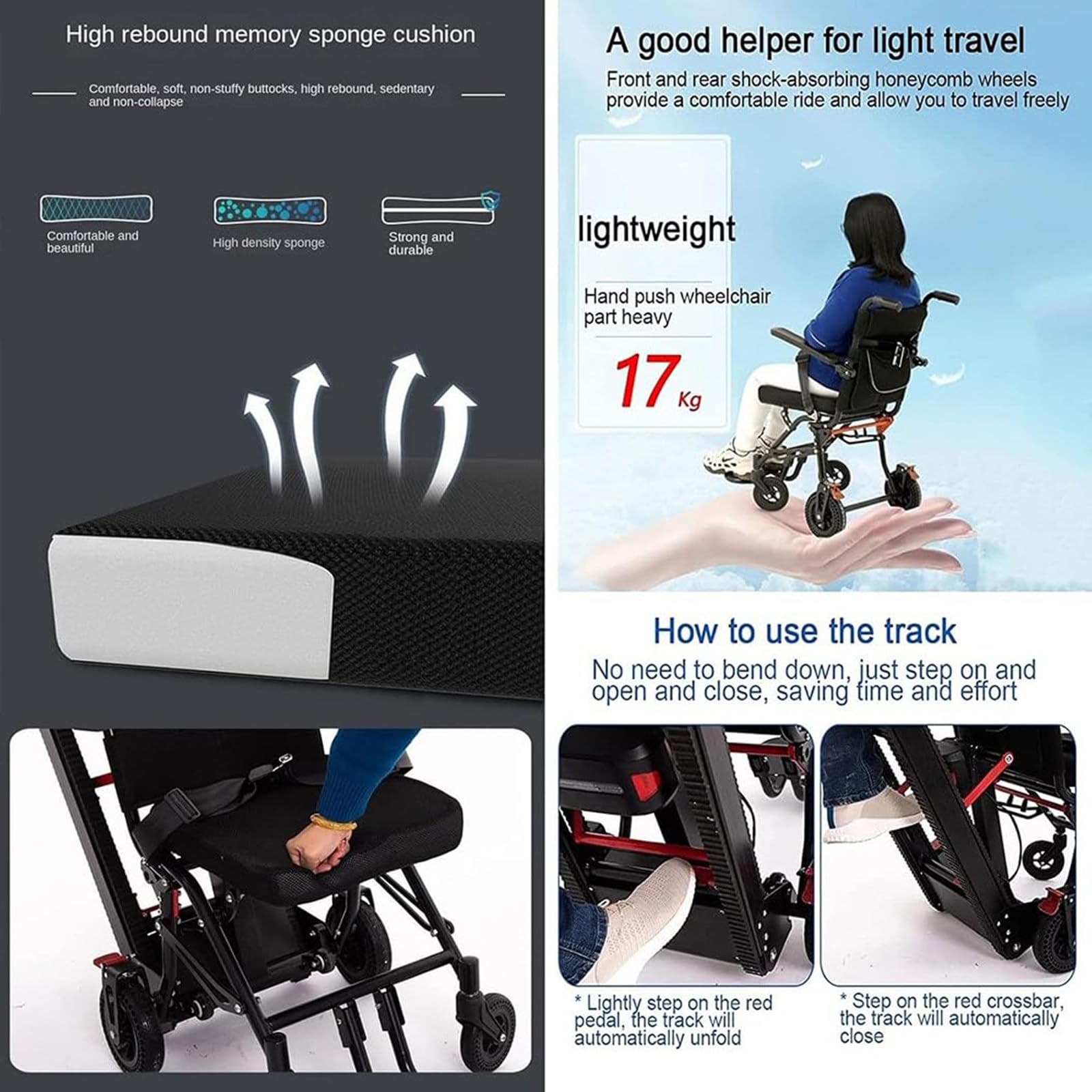 Silla de Ruedas eléctrica con Elevador de escaleras, Carro de Mano, Elevador de escaleras, Estructura de Acero al Carbono de 17 kg, batería de Litio de 13 A, Capacidad de Carga de 150 kg.