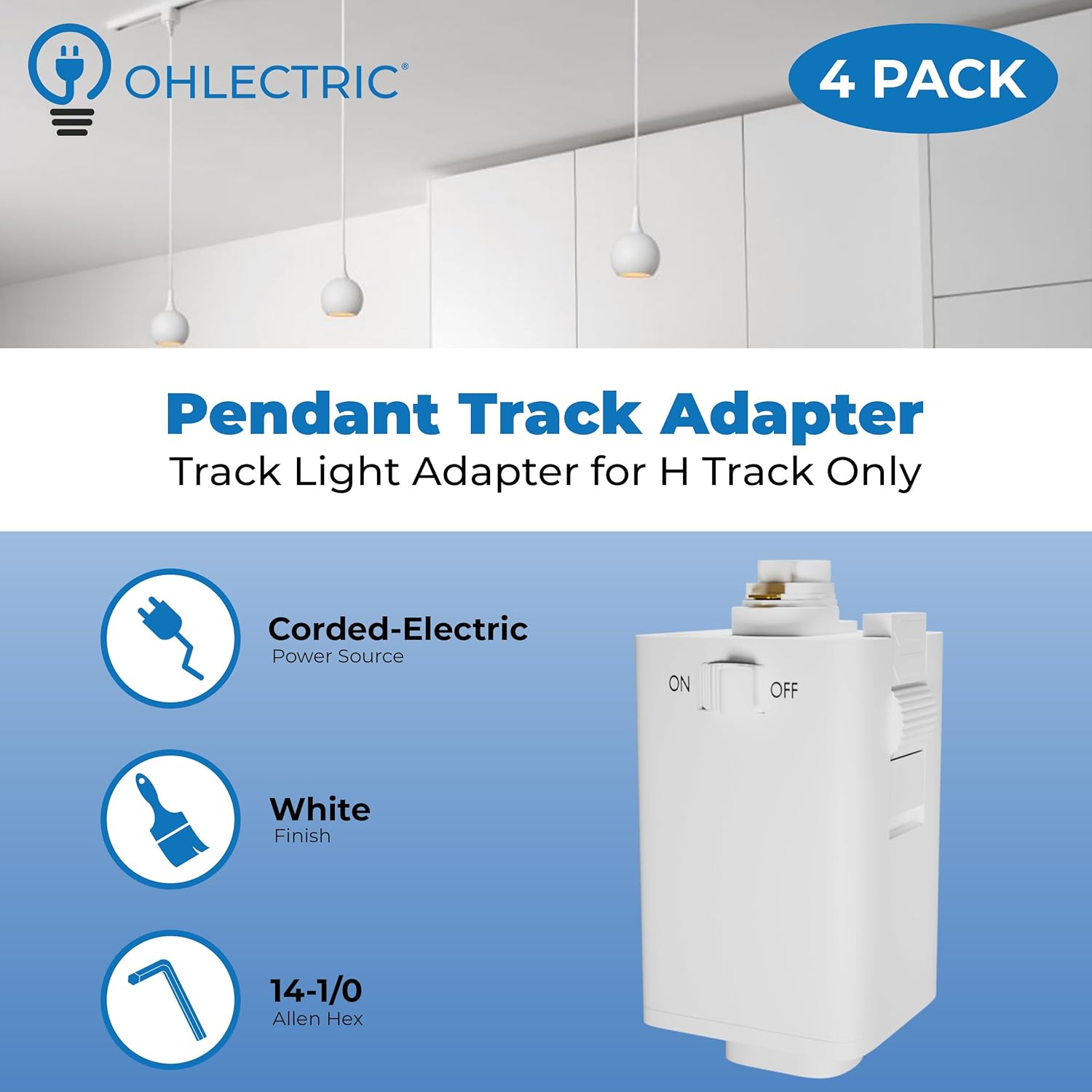 OHLECTRIC Pendant Track Adapter - Track Light Adapter for H Track Only - Halo Track Adapter Supports Weight Upto Maximum of 10 Lbs and SVT 18/3 Wire - White, Pack of 4 - OL-44067-4