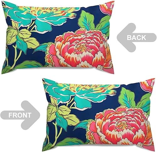 Miniatura 4 de ArogGeld Chinoiserie - Cojín de cojín lumbar, diseño de peonía floral, diseño de peonía, turquesa, verde azulado, verde, para dormitorio, 12 x 20