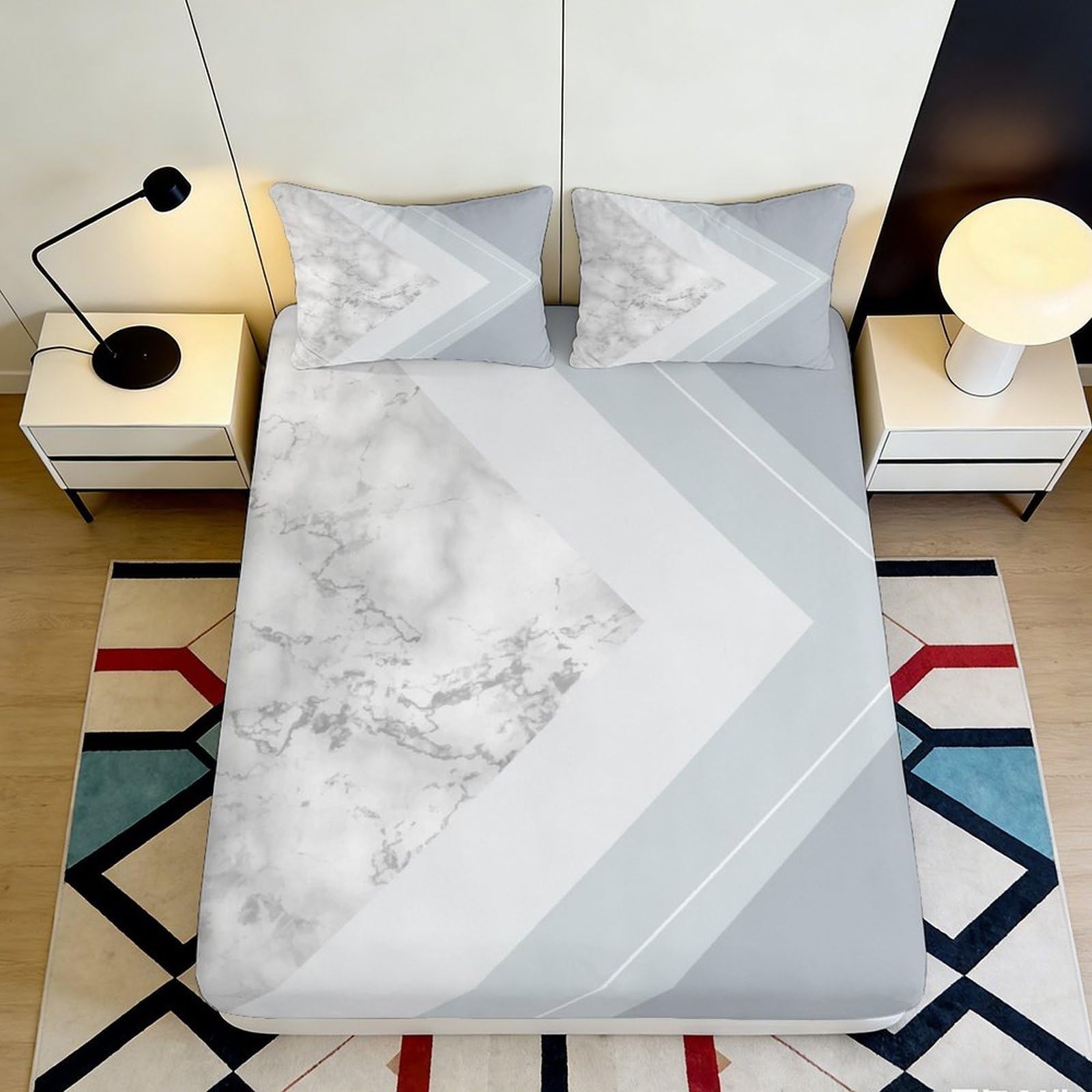 3D Printed Marble Chevron Fitted Sheet Microfiber Grey White Geometric Mattress Cover for Bedroom Dorm Decor 90x200x25cm