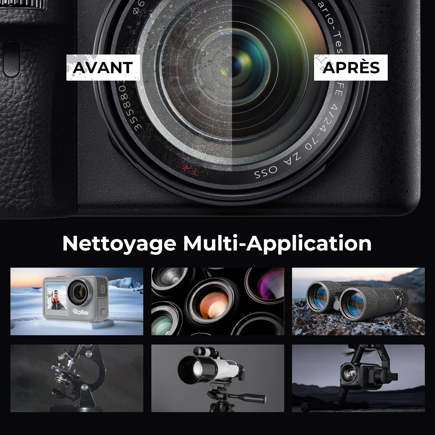 Kit Nettoyage Appareil Photo Voyage, Rollei 7 en 1 Kit de Nettoyage Appareil Photo Reflex avec Lenspen/Soufflette Photo/Chiffons/Liquide Objectif Accessoire Photo de Nettoyage pour Nikon Sony Canon