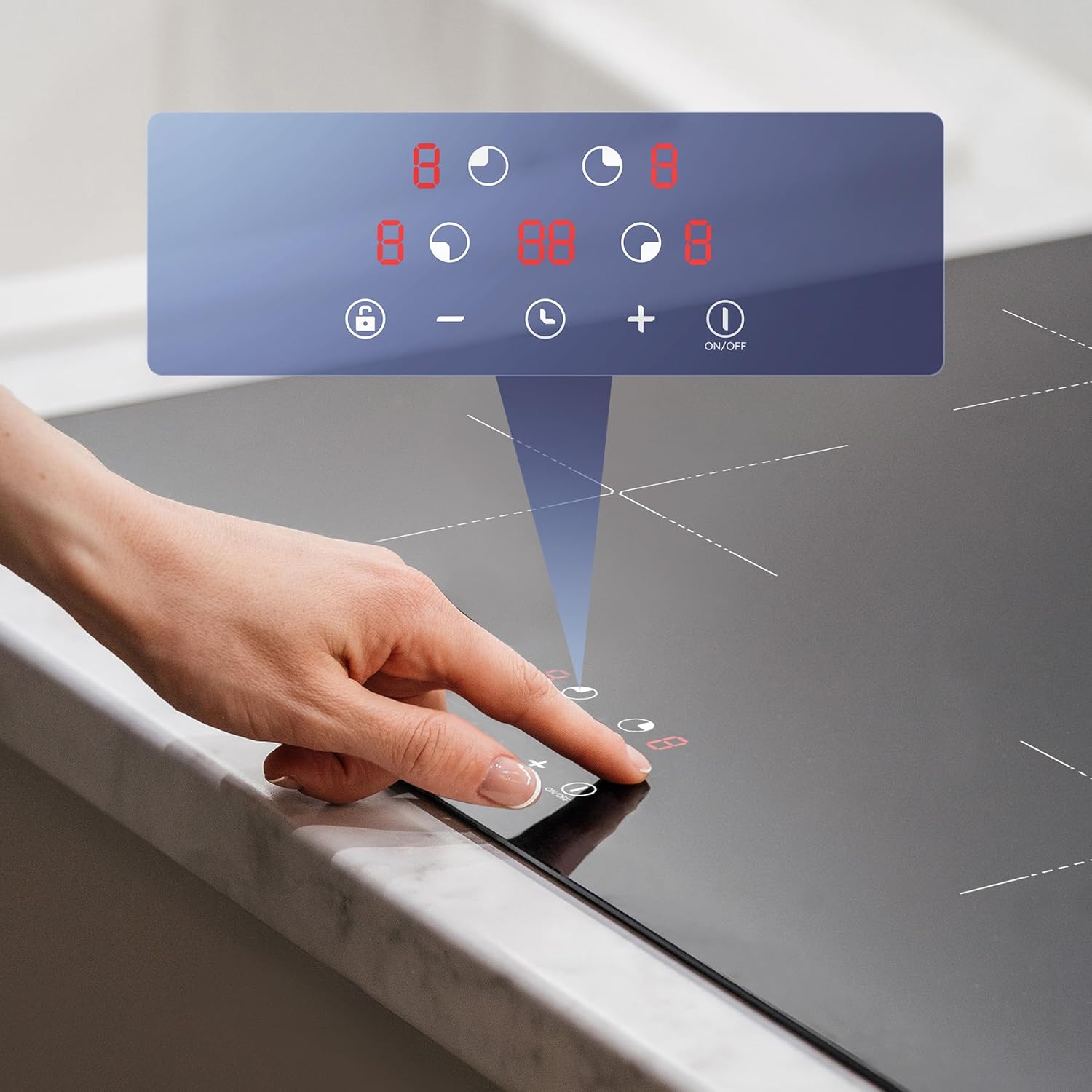 Close-up of a hand interacting with the touch control panel of the induction hob, showing illuminated digital displays for power levels and timer settings.