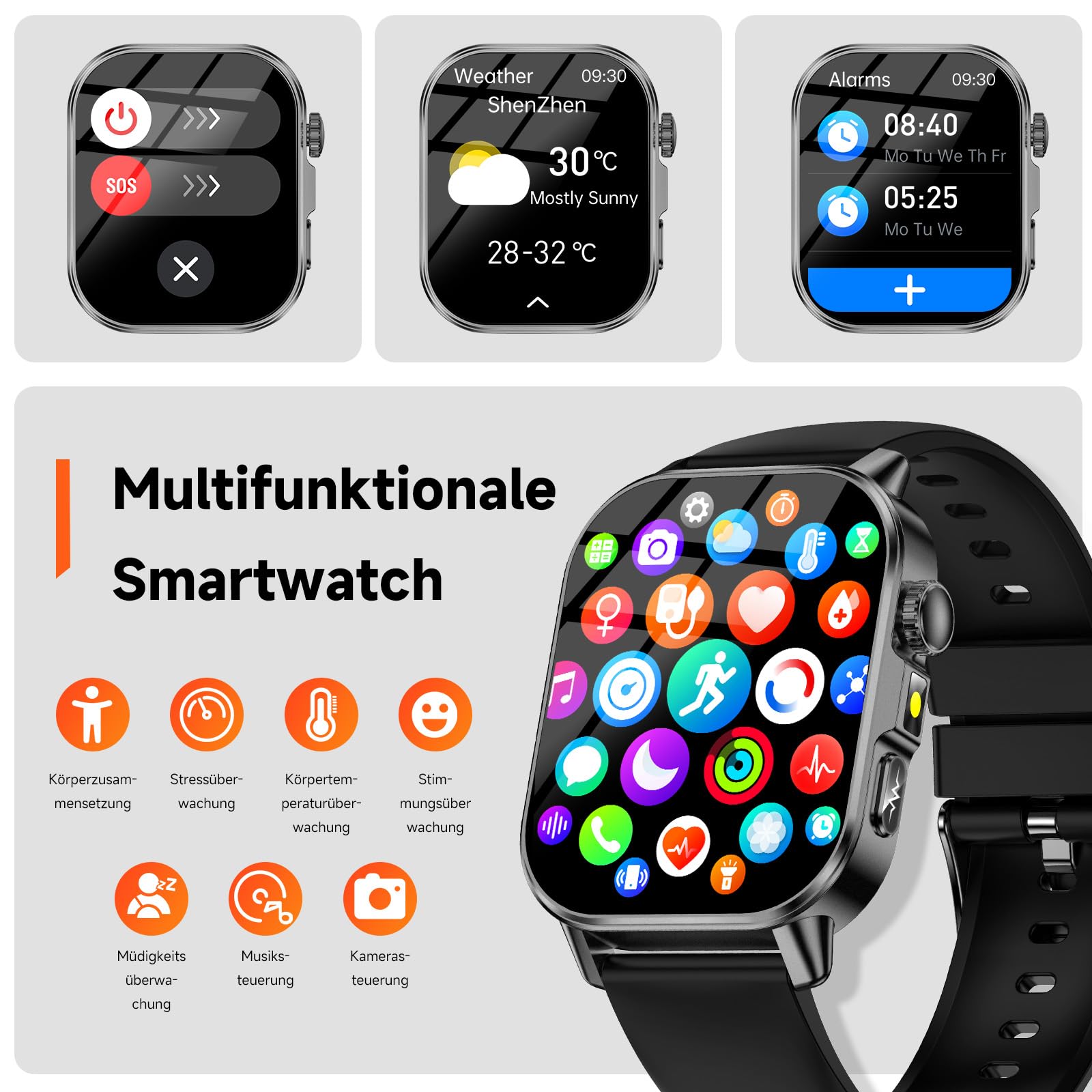 2026 Smartwatch Damen Herren EKG/Blutdruck/Harnsäure/BMI/HRV/LED-Licht,2,0"Gesundheitsuhr mit 24H Blutdruckmessung SpO2 Pulsuhr Körpertemperatur Schlaf-Monitor,SOS-Notruf Fitnessuhr für iOS Android
