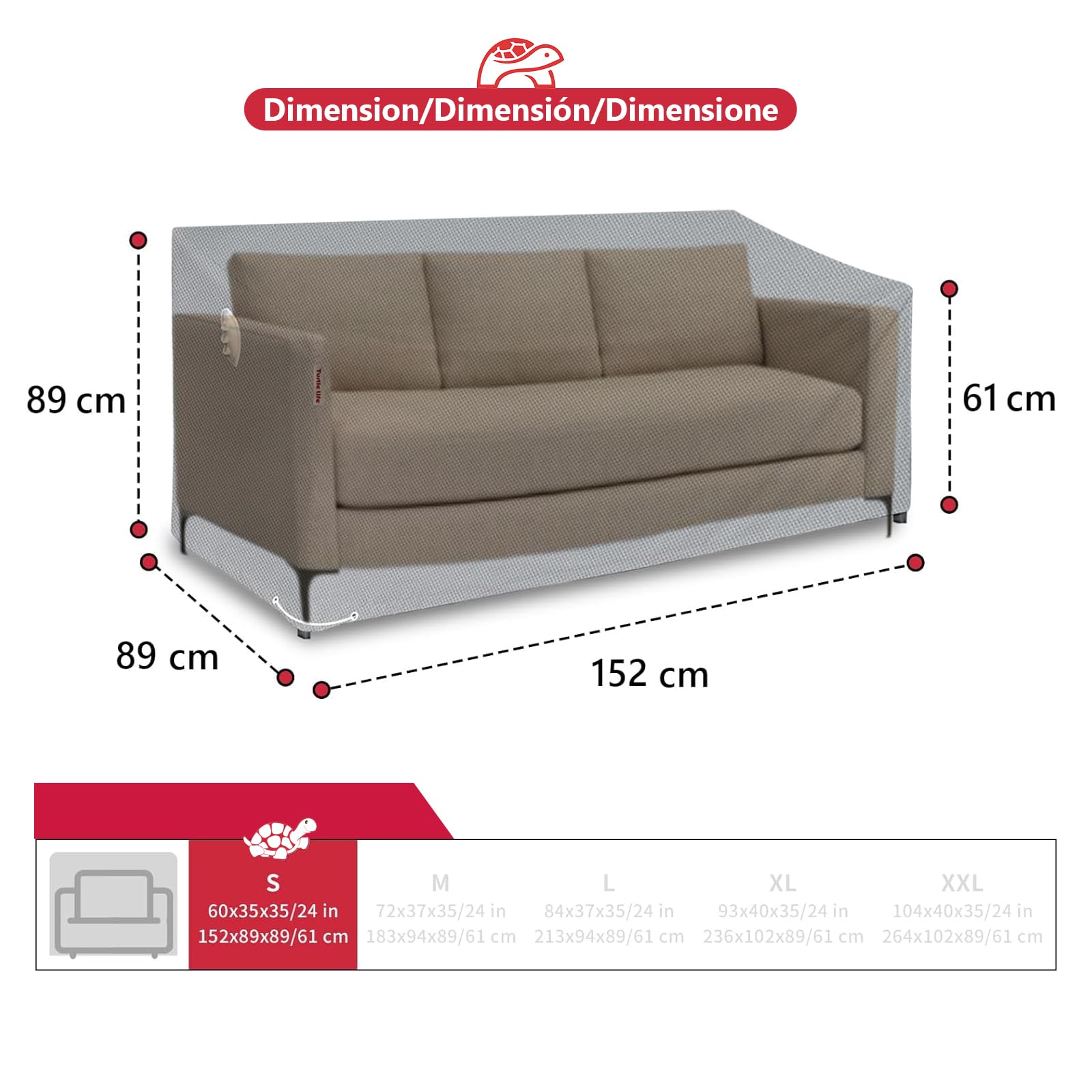 Turtle Life Copridivano da giardino, patio esterno, resistente, resistente ai raggi UV e all'acqua, anti-scolorimento, copridivano con prese d'aria, grigio, 152 x 89 x 89 cm