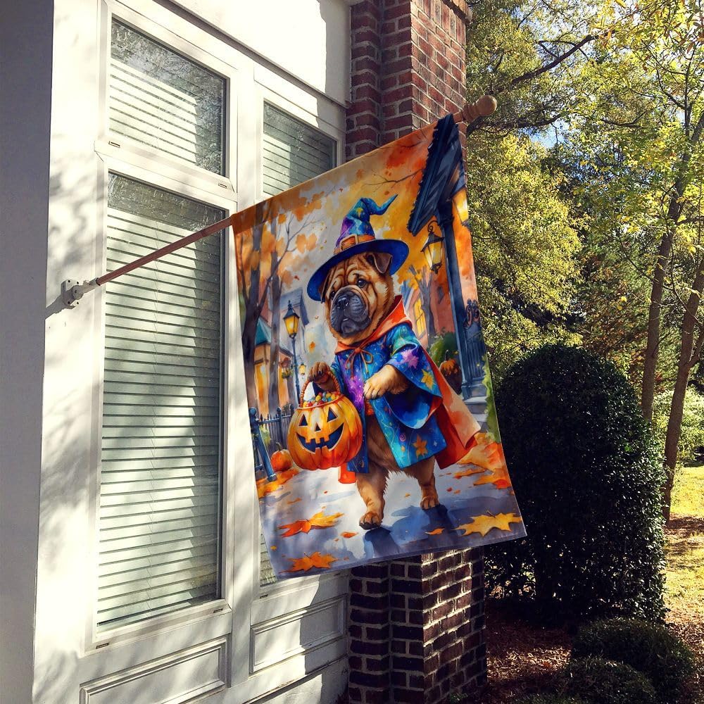 Caroline's Treasures Shar Pei Halloween Trick or Treat House Flag Large Porch Sleeve Pole Decorative Outside Yard Banner Artwork Wall Hanging, Polyester, House Size, Multicolor
