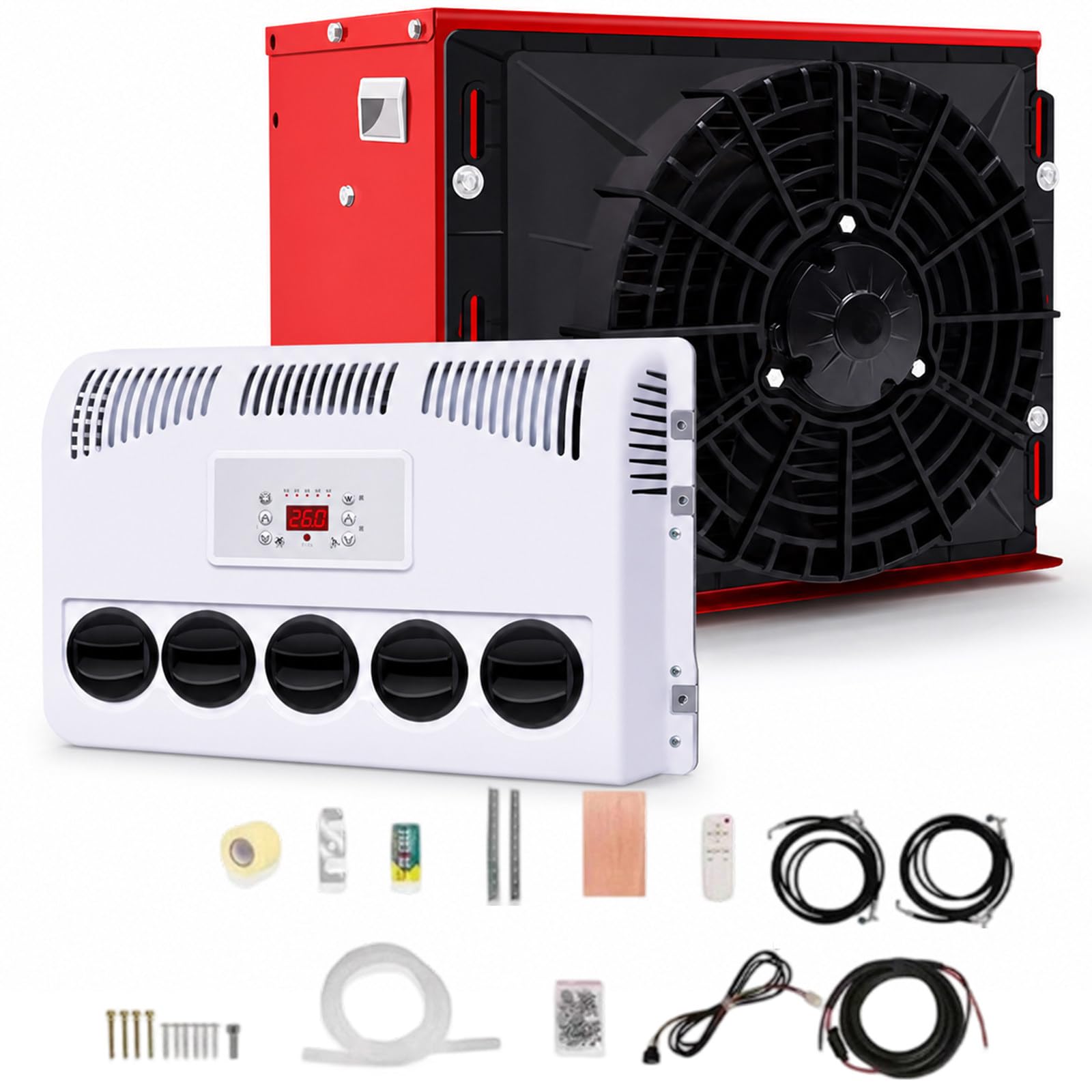 Condizionatore d'Aria per Camper,per Cabina Camion 12v/24v Kit di Climatizzazione Split, Soluzione di Raffreddamento Perfetta per Le Ampie Cabine Letto dei Camion Red-24V