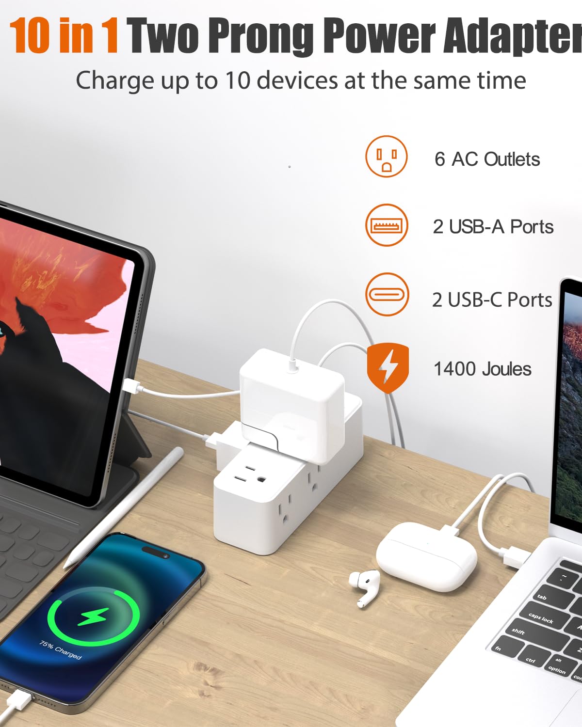 WRXDMC - Regleta de alimentación de 2 clavijas a 3 clavijas, adaptador de salida de 1400J de dos clavijas, cable de extensión de 10 pies, 6 salidas de CA con 1 puerto USB C y 2 puertos USB A, montaje
