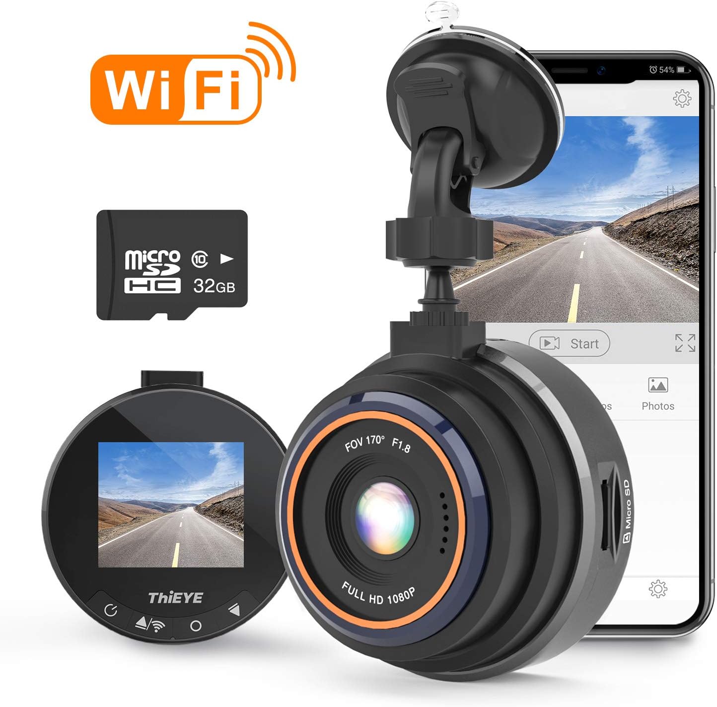 THIEYE Dash Cam Wifi Full HD 1080P, Mini Car DVR Dashboard Camera with 32GB SD Card, Super Night Vision, 1.5" LCD Display, 170 Super Wide Angle, G Sensor, Parking Monitor, Motion Detection, WDR