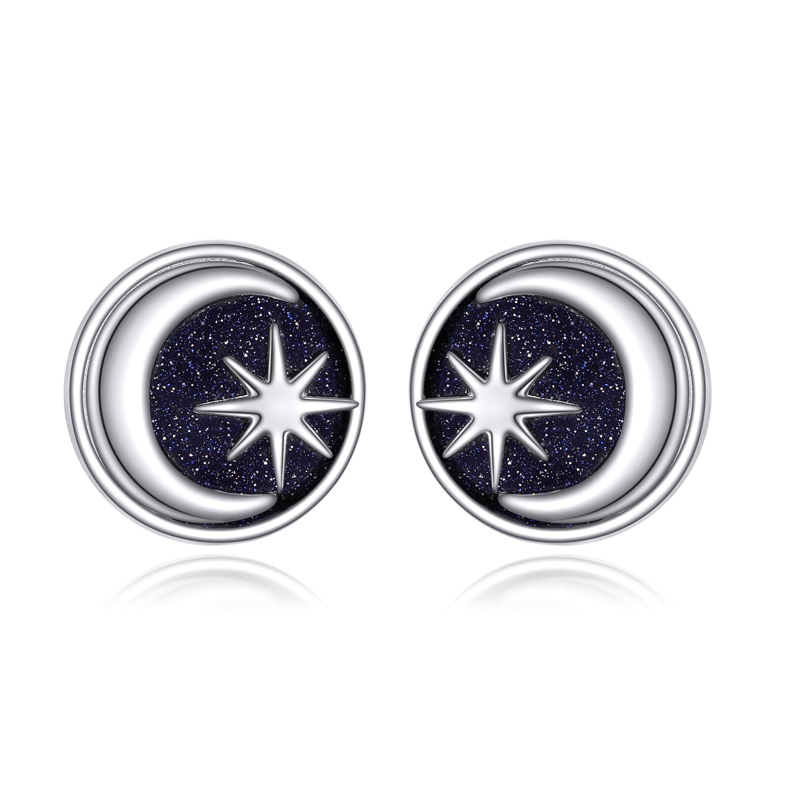 VONALA Pendientes de tuerca pequeños de plata de ley 925 con diseño de sol y luna negra, hipoalergénicos, regalos para familiares y amigas