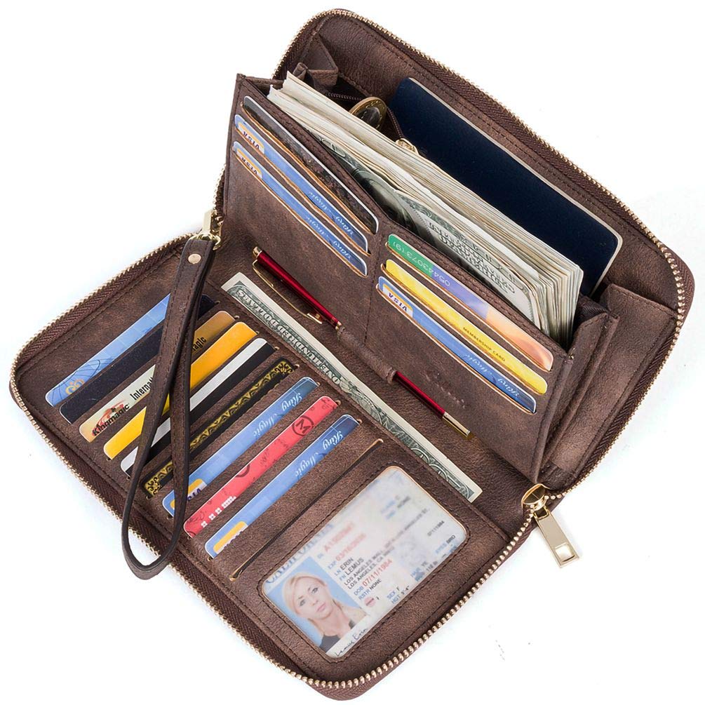 CLUCIWomen Wallet Large Leather RFID Blocking Designer Zip Around Card Holder Organizer Ladies Travel Clutch Wristlet Coffee