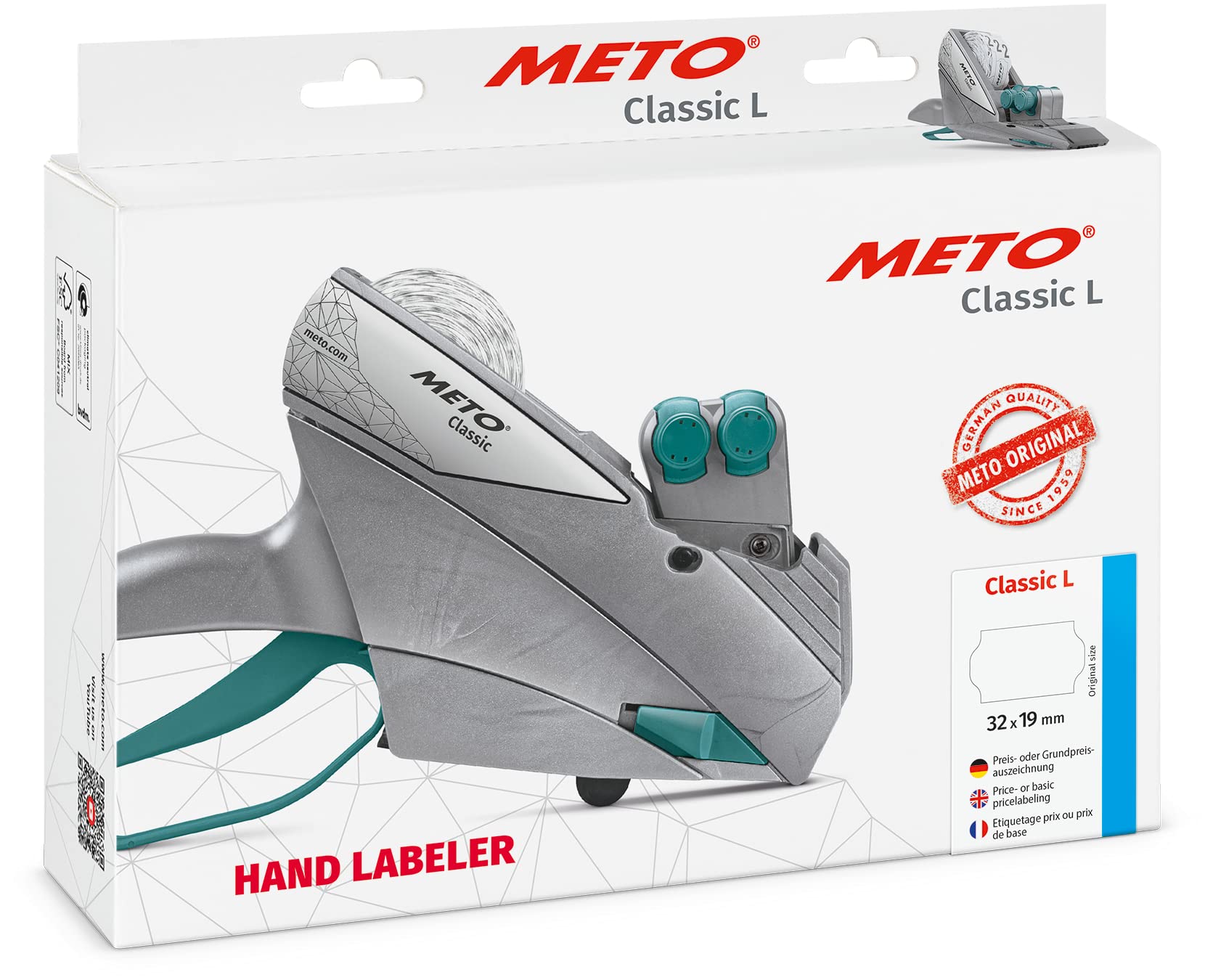 Meto Classic L - Set di prezzi, prezzo base (2 righe, 19 cifre per etichette da 32 x 19 mm, pronto per l'uso), 1 identificatore manuale