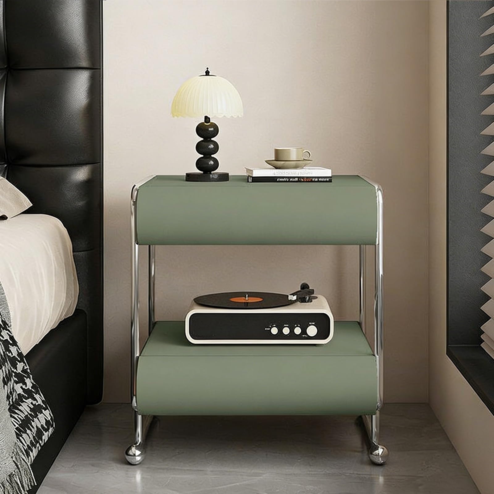 SXZenSpace Modern Nightstand with 2 Drawer and Open Shelf, Solid Wood Bedside Tables for Bedroom(Green,40x40x55cm)