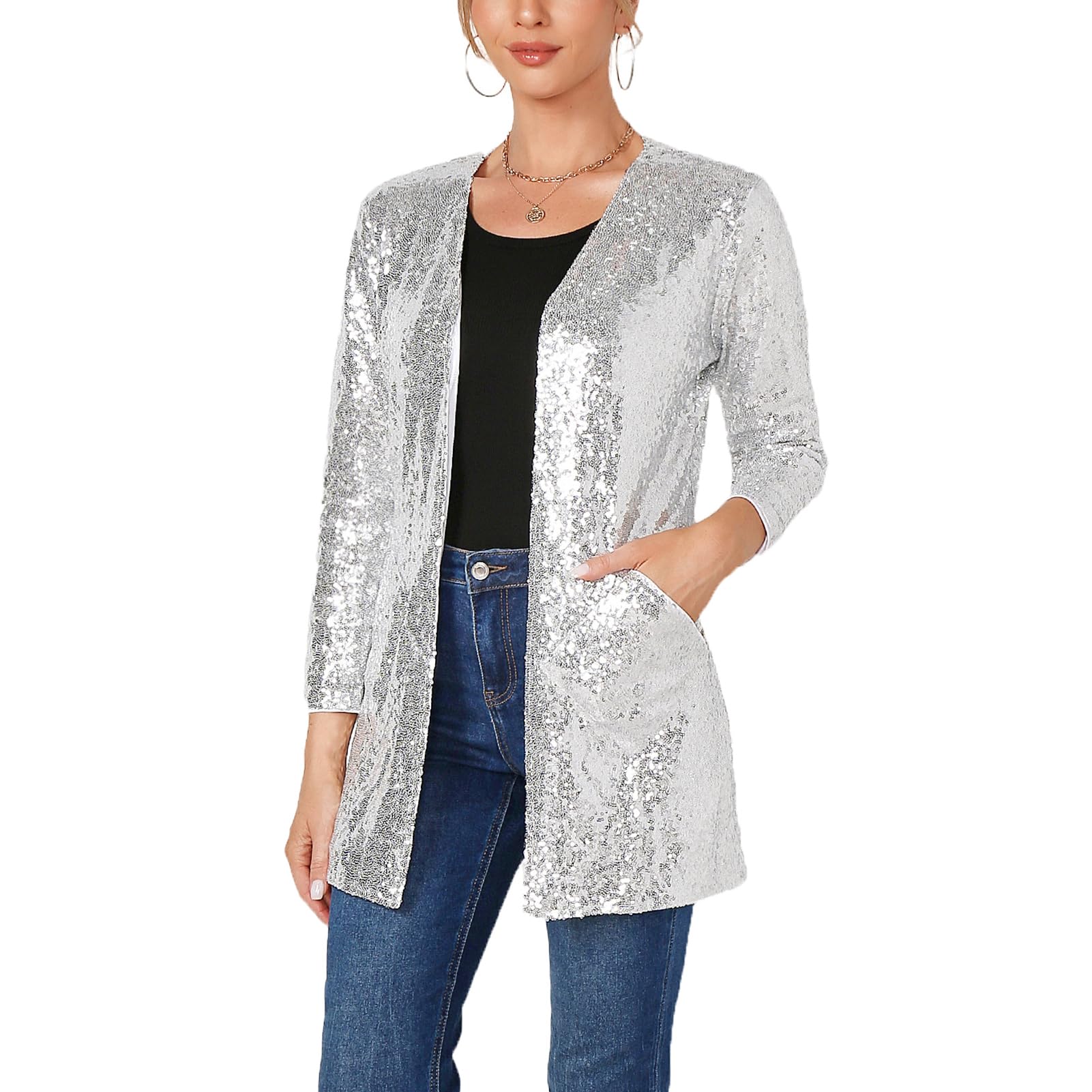YYPBI Women's Sequin Jacket Long Sleeve Open Front Cardigan Sparkly Blazer Glitter Casual Party Clubwear Coat Silver 3XL