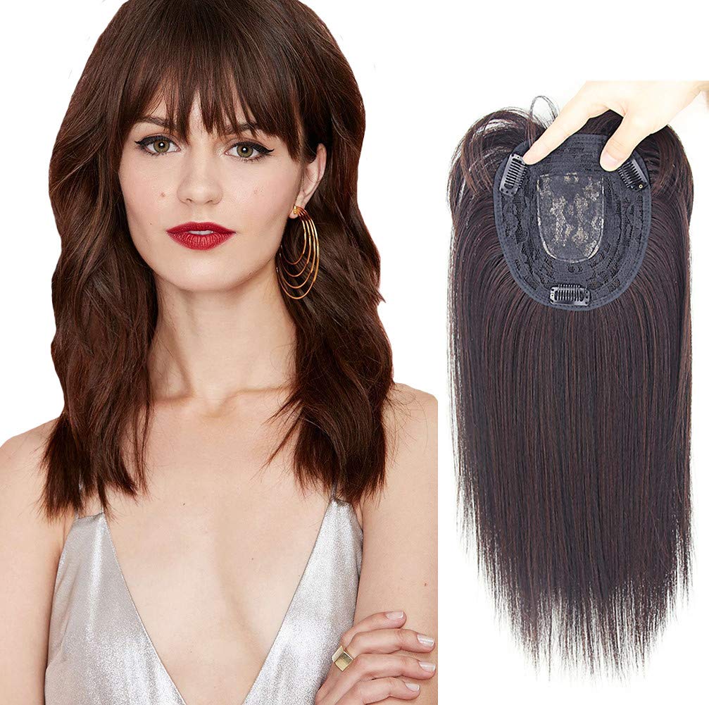 Straight Middle Part Hair Topper With Neat Bangs for Thinning Hair Women Forehead Hairpiece 14" Nature Black