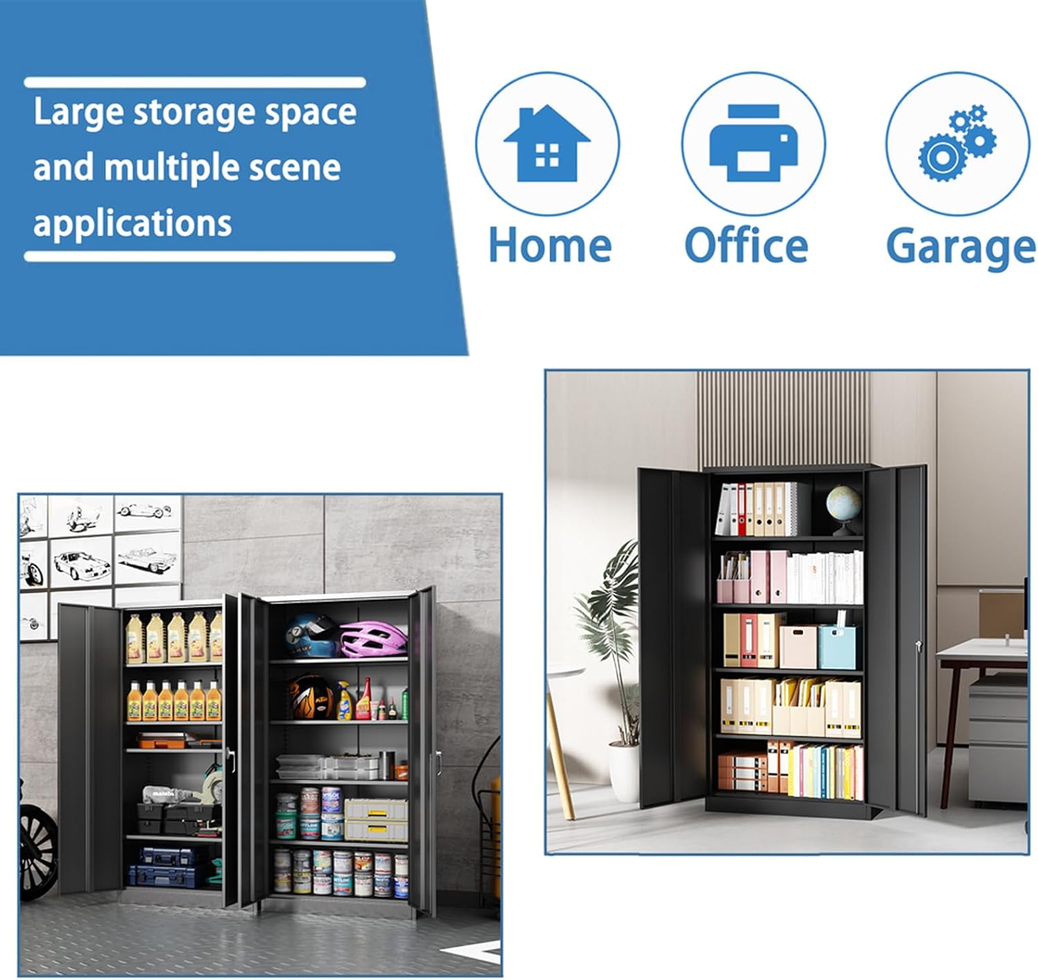 Lockable Cabinet Metal Storage Cabinet, 72" Locking Metal Storage Cabinet with 4 Adjustable Shelves,Black Metal Cabinet with 2 Doors and Lock for Office, Garage, Home (Black，72")