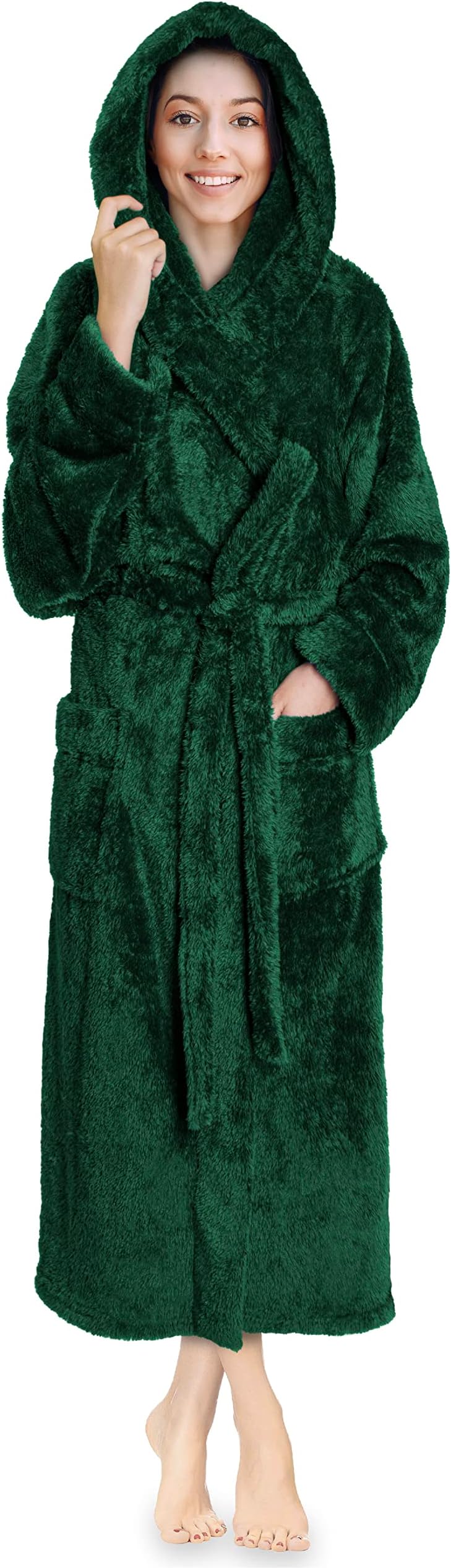Women Hooded Plush Soft Robe | Fluffy Warm Fleece Sherpa Shaggy Bathrobe