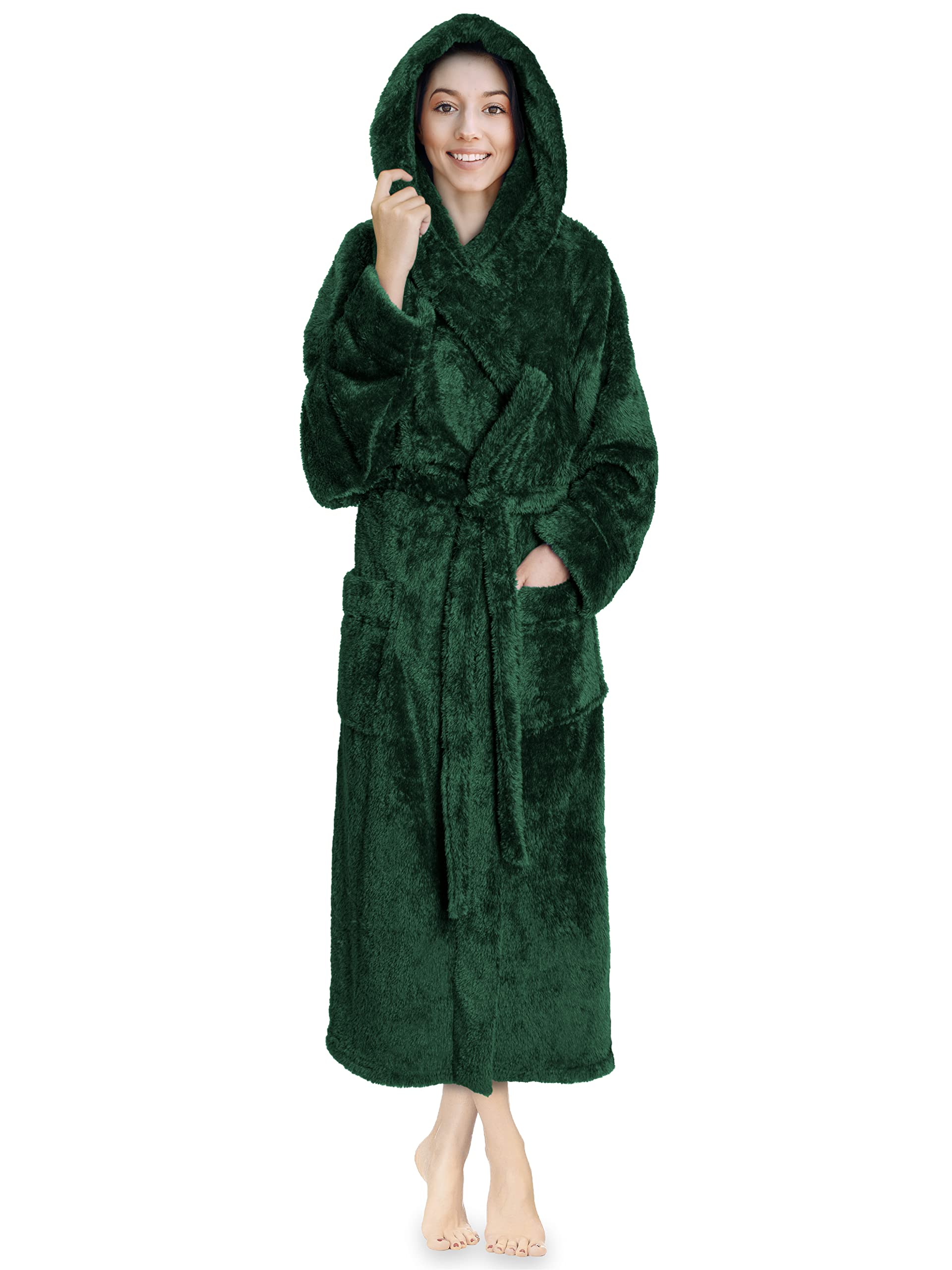 PAVILIA Women Hooded Plush Soft Robe | Fluffy Warm Fleece Sherpa Shaggy Bathrobe