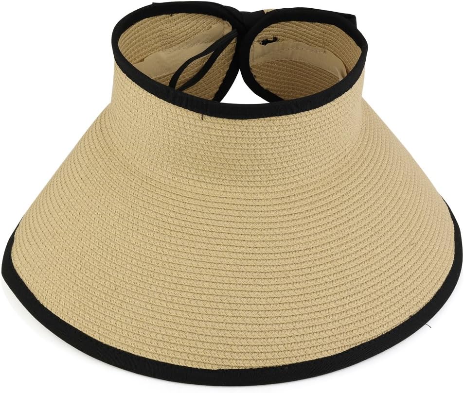 Trendy Apparel Shop Womens UPF 50+ Paper Braid Rolled UV Protection Visor Hat with Bow