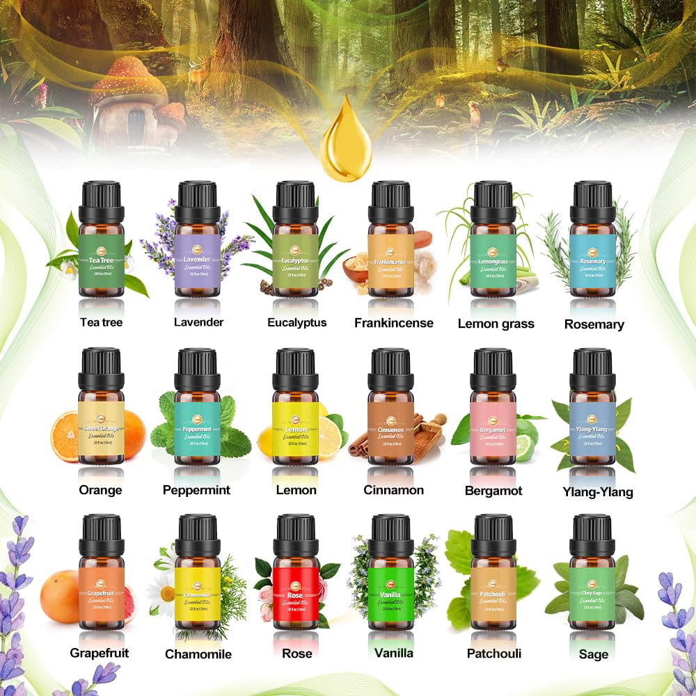 Set de Aceites Esenciales para Humidificador 18 x 10ml,óleo Essencial Lavanda Ylang-Ylang Árbol del Té Eucalipto Incienso Lemongrass Romero Naranja Menta Limón Bergamota Pomelo Manzanilla Rosa
