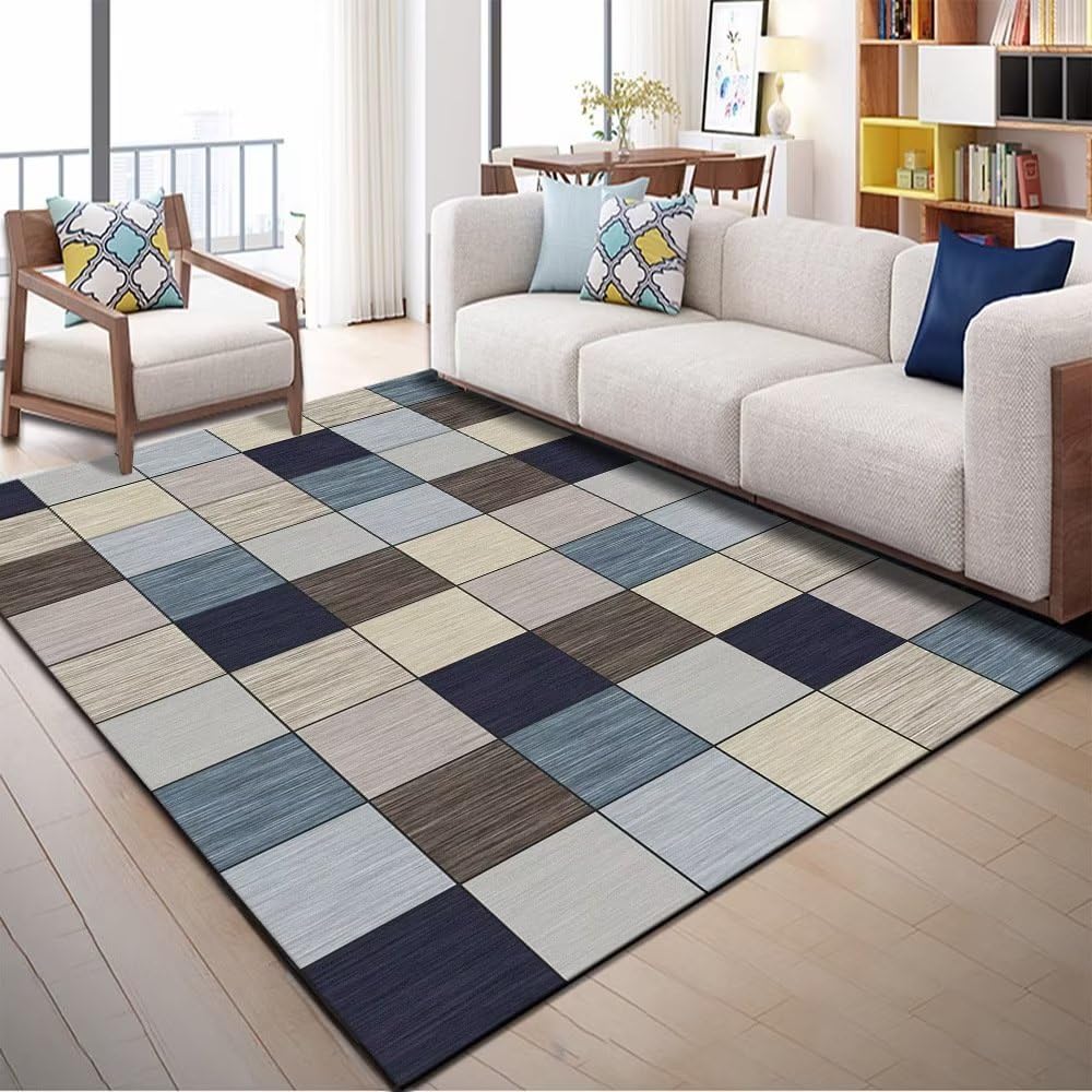 Tapis priere Enfant Antidérapant géométrique Abstrait Enfant 18 Bleu Tapis Garcon Tapis Gymnastique Epais Moquette Exterieur140x200CM