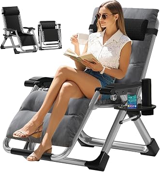 Folding Zero Gravity Chair, 440LBS Heavy Duty Sun Lounger | Adjustable Garden Recliner, with Cushion and Side Holder, Extra Wide, No Assembly Required, for Garden Terrace Beach Pool