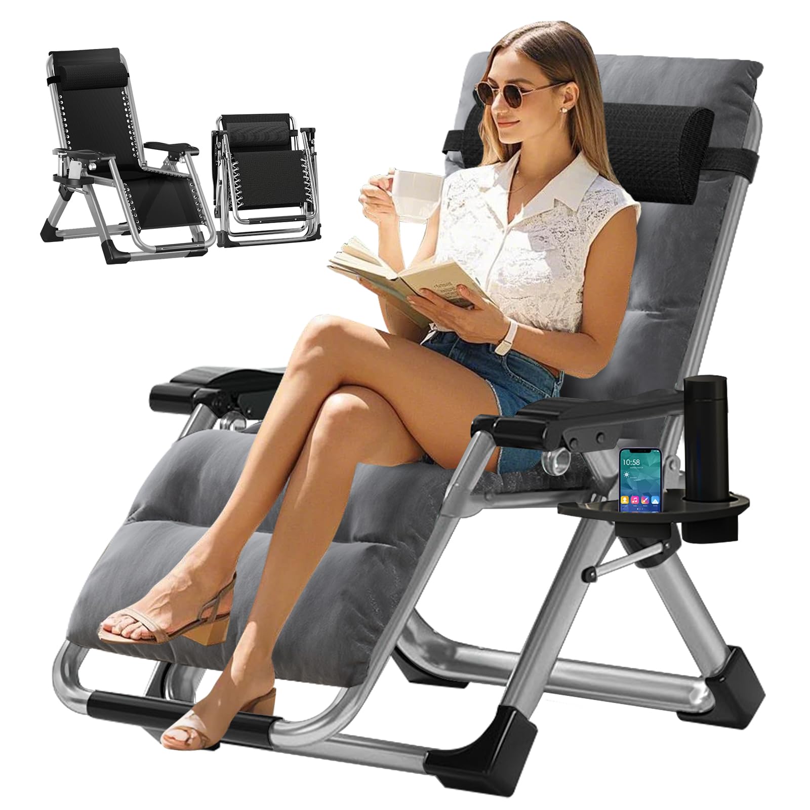 Obqer Zero Gravity Chair, Liegestuhl Klappbar, 200KG TragfäHigkeit Sonnenliege Mit Kissen Tassenhalter, Extra Breit, Verstellbare Angle Gartenliege, Geeignet FüR Balkon Strand Garten Campingplätze