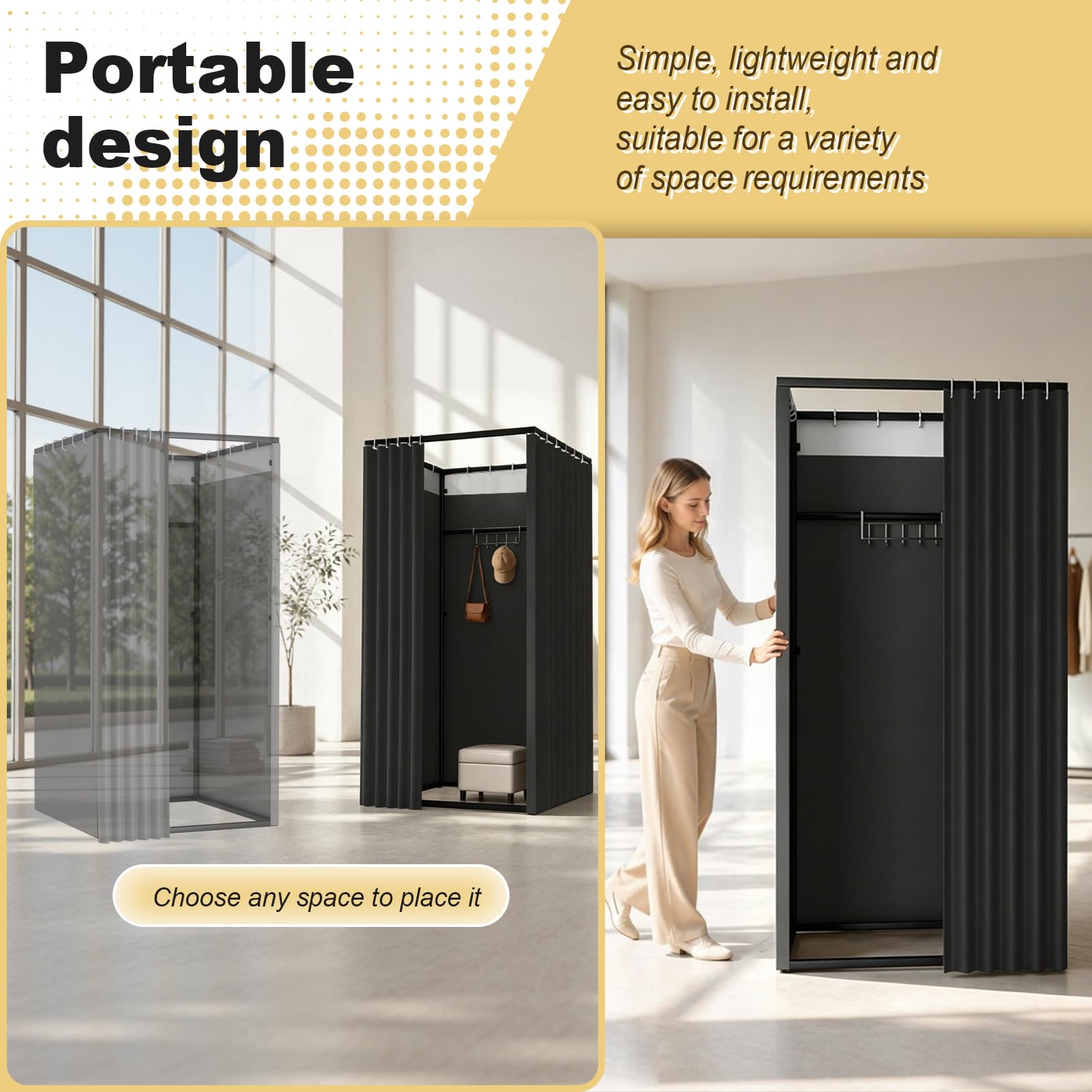 Vestuario Portátil Probador, Cuadrado Vestuario Independiente, Negro | 100x100x200cm, Piso Tienda de Ropa Cortinas de privacidad para oficina Vestidor, Centro comercial