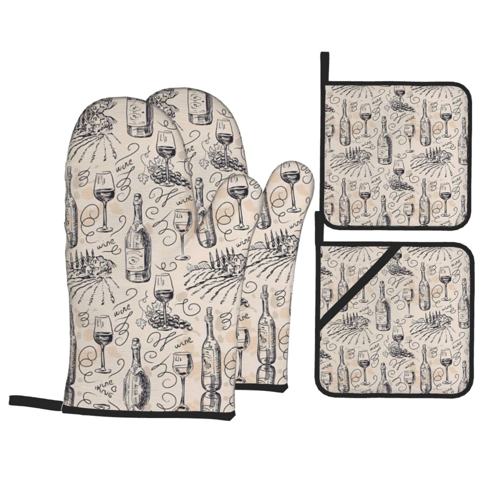 Wine and Winemaking Winery Grape Field Print Stylish 4-Piece Microwaving Oven Waterproof Kitchen Gloves Baking Holiday Cooking