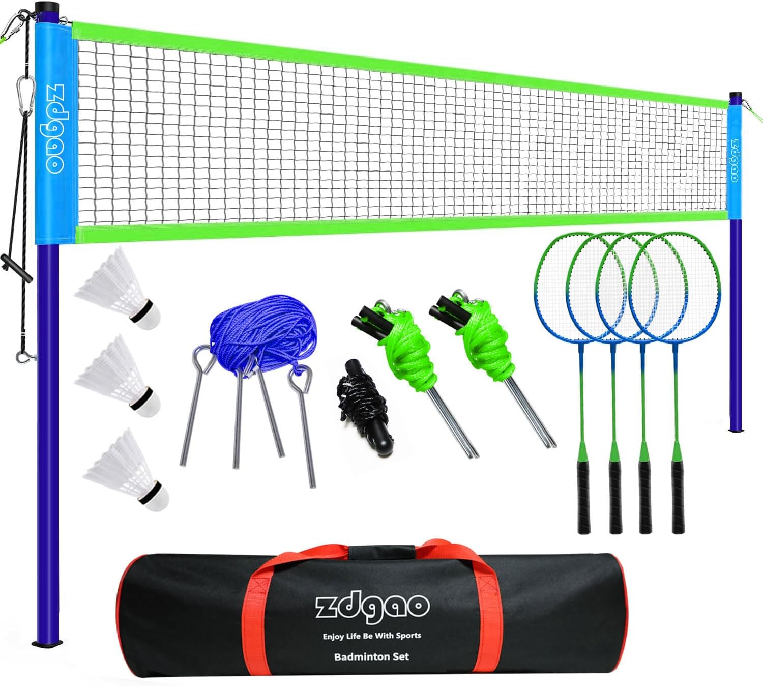 Zdgao Portable Badminton Set for Backyard Beach - 20x2.5ft Anti-Sag Net, 4 Rackets, Shuttlecocks, Carry Bag, Family Games