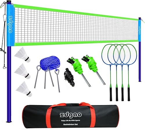 Miniatura 10 de Zdgao Juegos de bádminton para patio trasero, red de bádminton portátil con ajustador de tensión, juego de 4 raquetas de bádminton, 3 volantes
