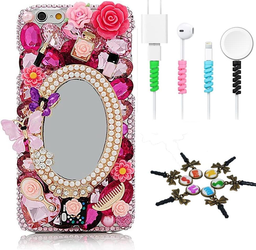 Bling Case Compatible with iPhone 12 Mini Case - Stylish - 3D Handmade [Sparkle Series] Girls Mirror Butterfly Cosmetics Flowers Design Cover with Cable Protector [4 Pack] - Red