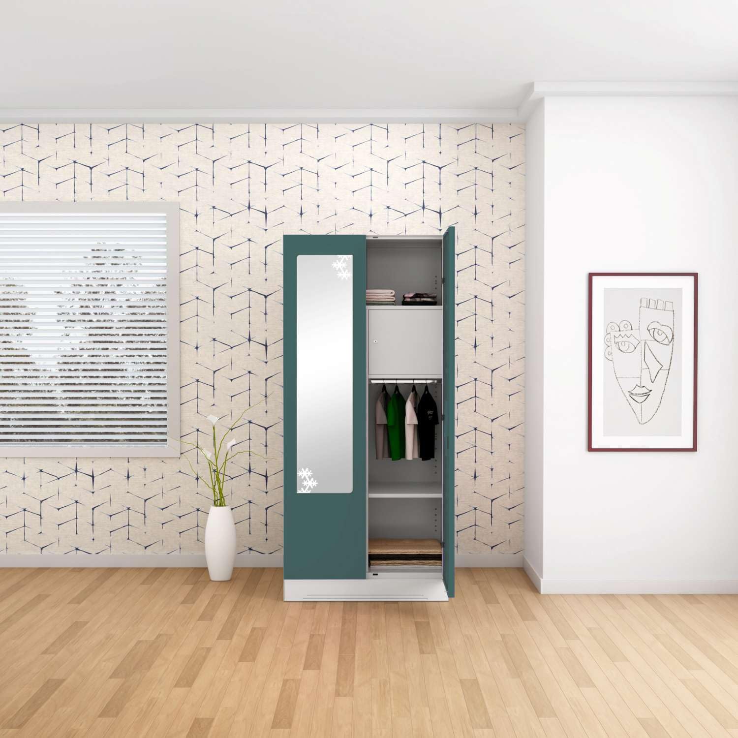 Interio by Godrej Slimline 2-Door Steel Almirah/Wardrobe with Star Mirror | Textured Sea Pine, 1-Year Warranty, 1 Locker, 4 Shelves
