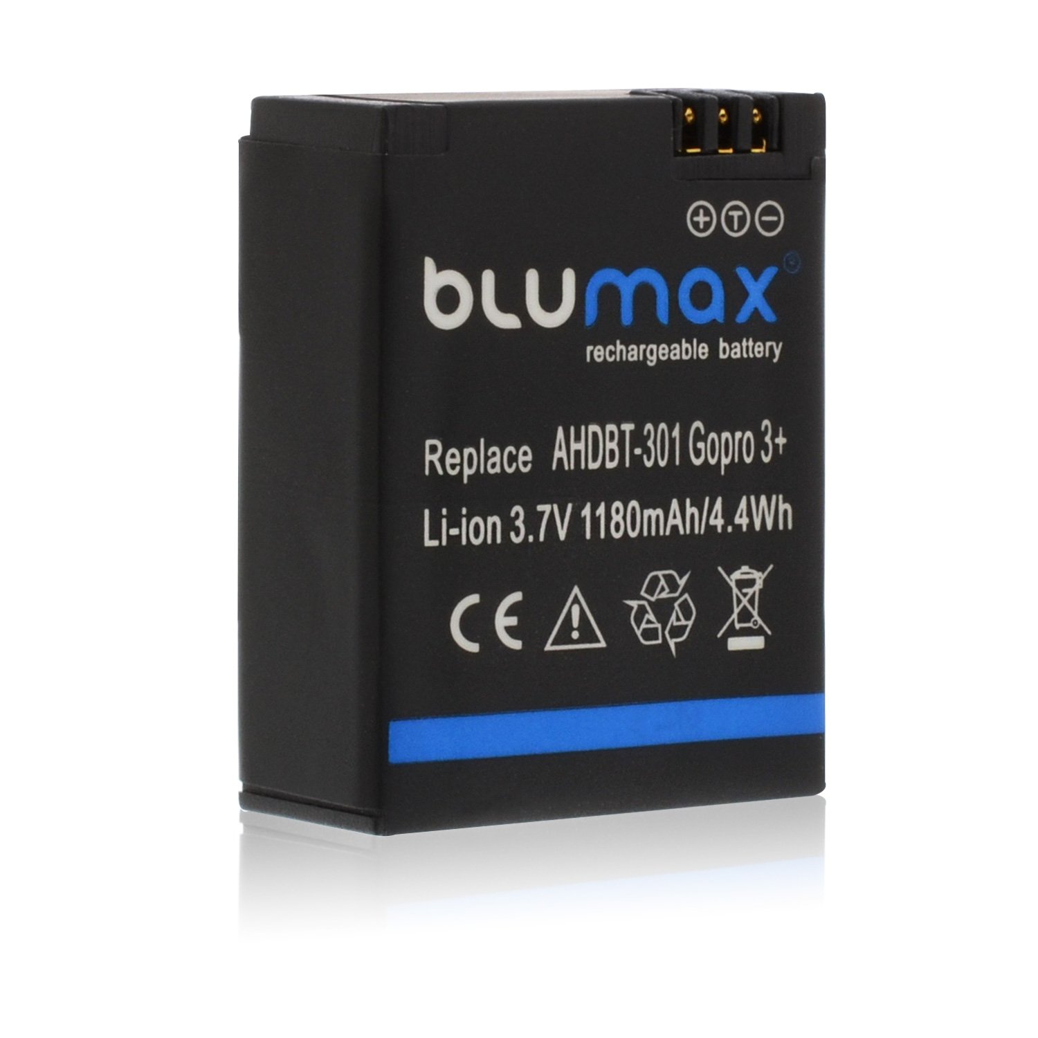 Blumax Akku 1180mAh - für GoPro Hero 3 Plus 3+ / 3 Black, Silver, White - AHDBT-201, AHDBT-301, AHDBT-302, AHBBP-301, ACARC-001, AWALC-001