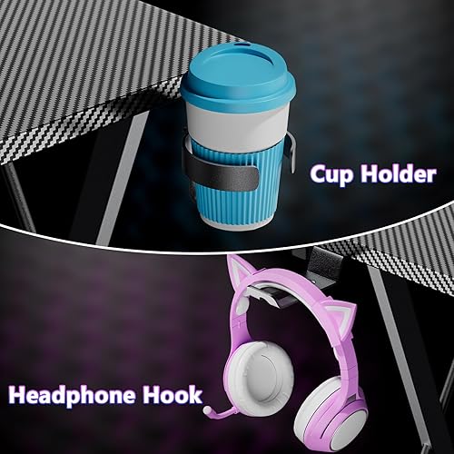 Miniatura 7 de Mr IRONSTONE Escritorio para juegos con luces LED, esquina de escritorio en forma de L con soporte para tazas y gancho para auriculares, escritorio