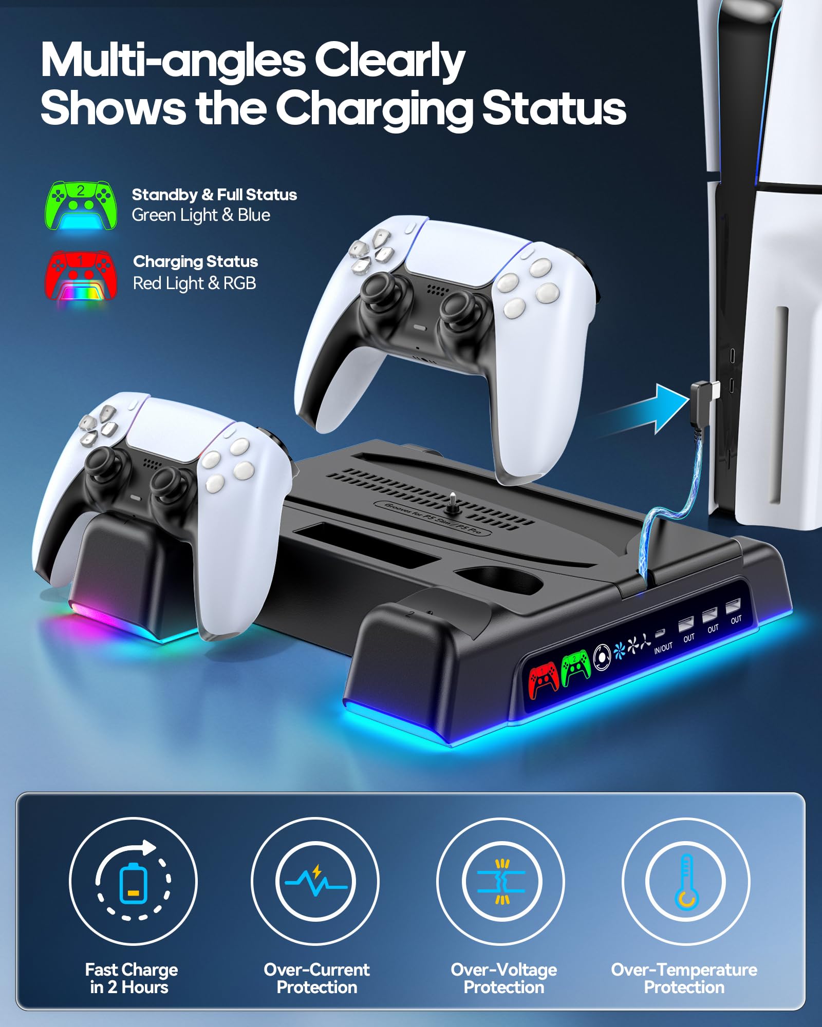 PS5/ Slim/Pro Stand for Disc & Digital Console, PS 5 Cooling Station with Dual Controller Charging Station for PlayStation 5 Console, 3-Level Fan PS5 Controller Charger Accessories Stand-Black thumbnail 6