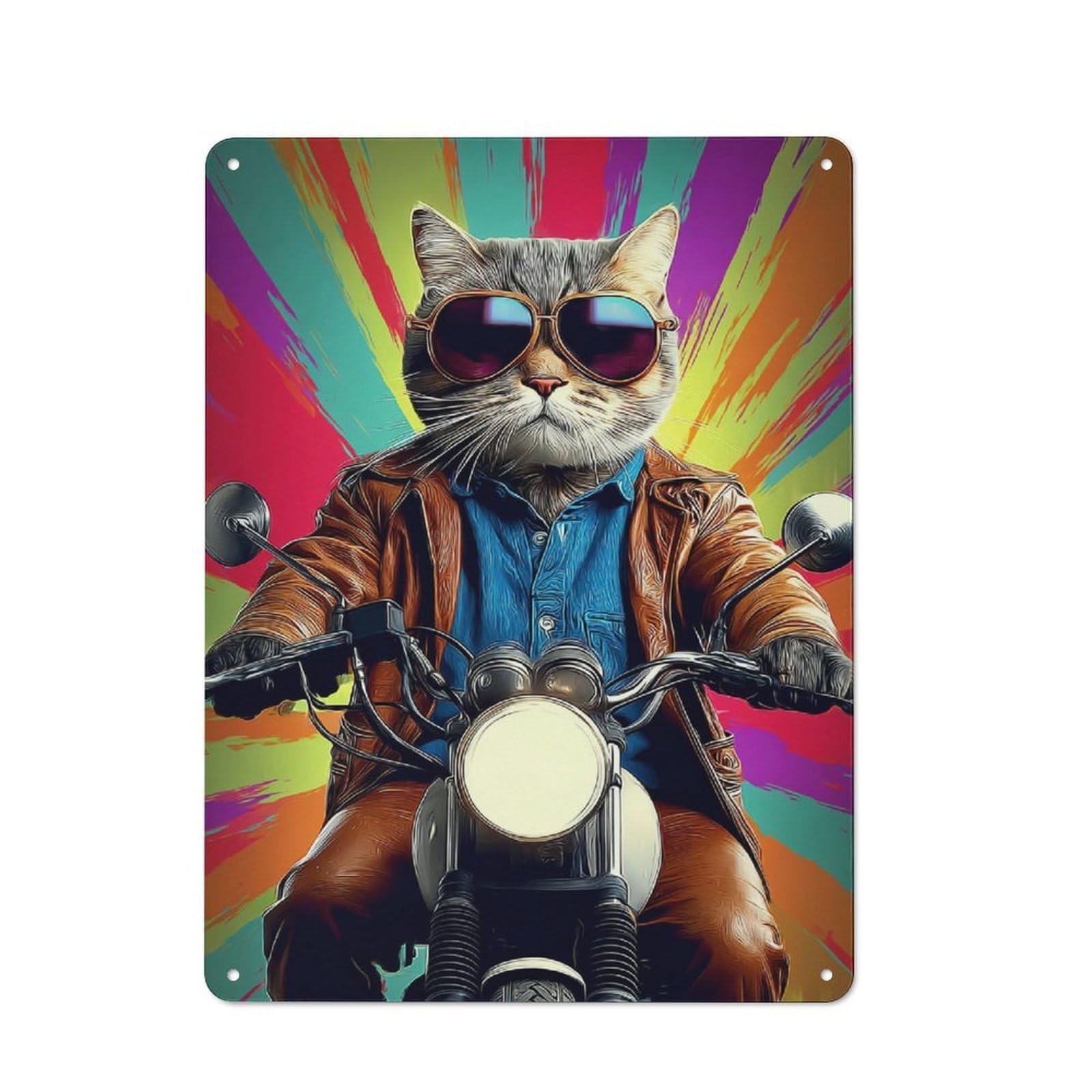 Junmoney Rider Cat On Motorcycle -1 Rustic Metal Sign 40X30cm For Living Room Wall, With Clear Rustic Wall Decor Character