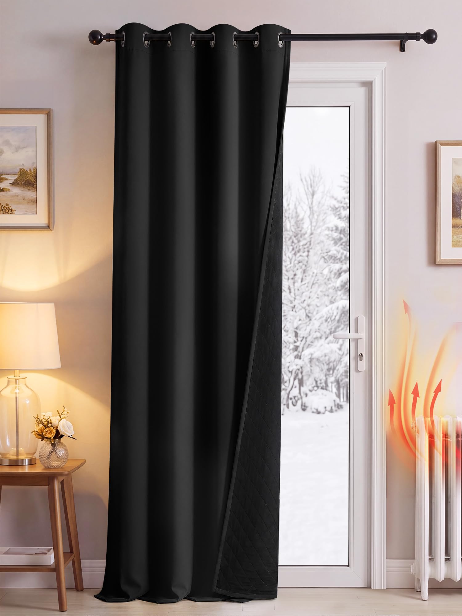PONY DANCE Thermal Door Curtain with Quilted Black Lining, Black, 52x108