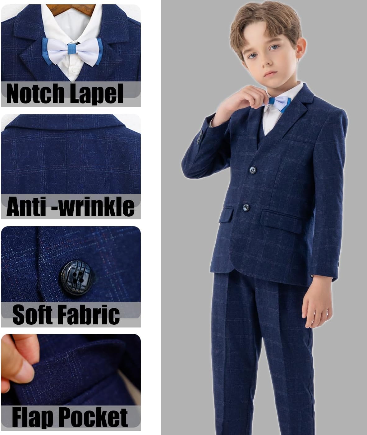 Boys Suit 3 Piece Tuxedo Formal Plaid Slim Fit Blazer Jacket Vest Dress Pants Toddler Outfits for Performances Kids Costume