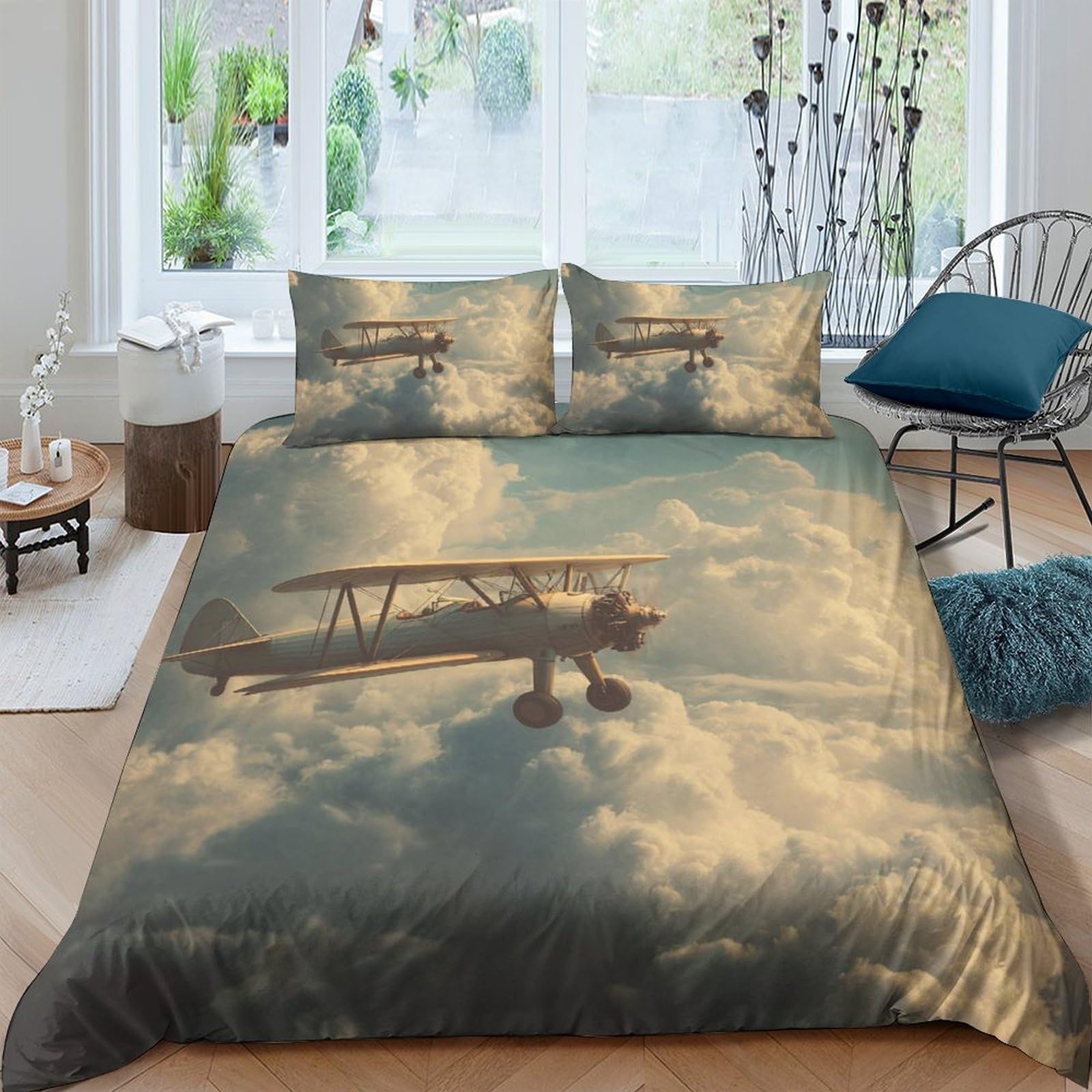 Ctjqhvkz Style-7 3D Printed Vintage Aircraft Fitted Sheet Microfiber Soft Breathable Cloud Sky Bed Cover For Bedroom Guestroom Decor Single（135X200cm）