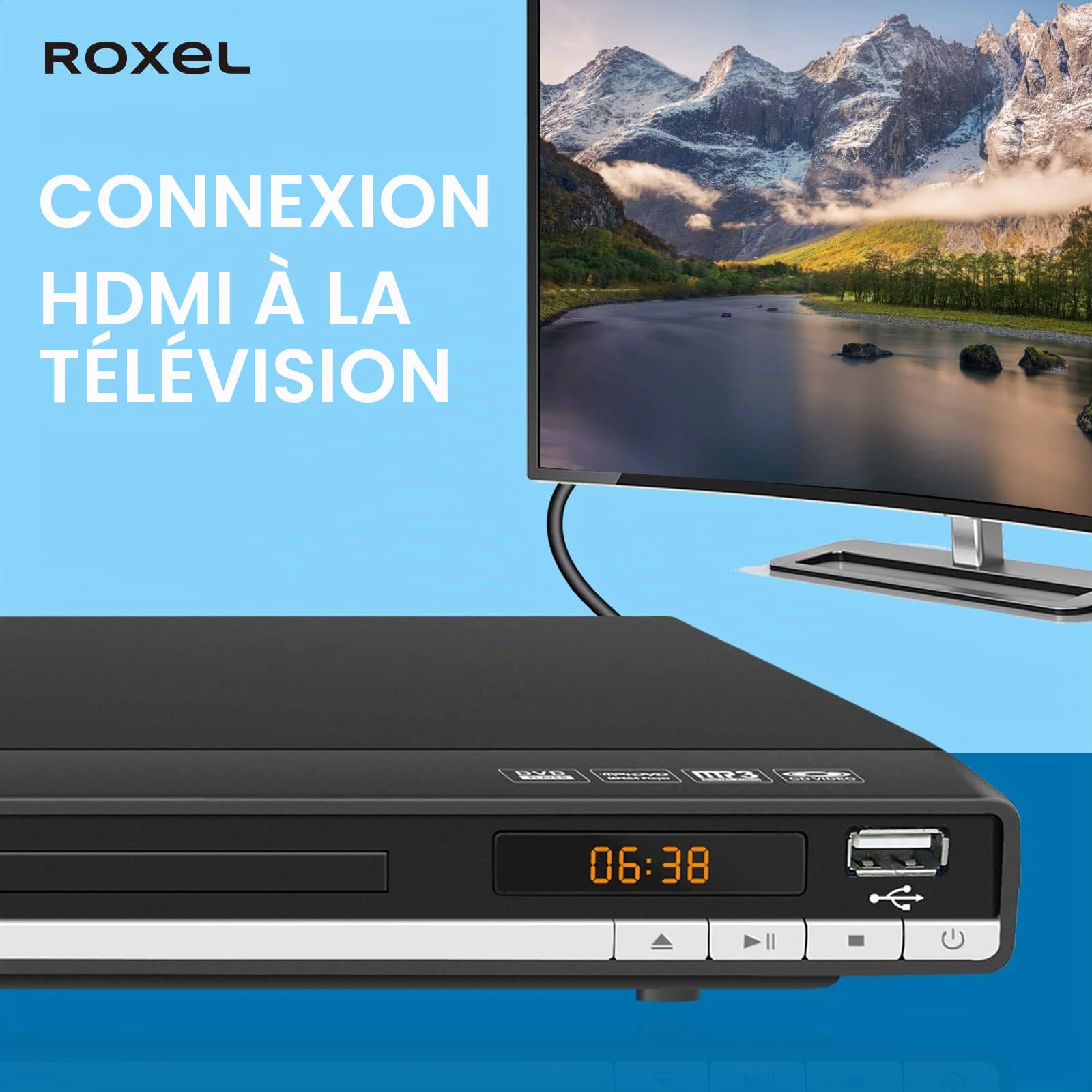 Roxel RDP-S500 Lecteur DVD avec câble HDMI pour TV, lecteur DVD multi-régions avec port USB, télécommande, lecteur CD avec HDMI Full HD et port RCA