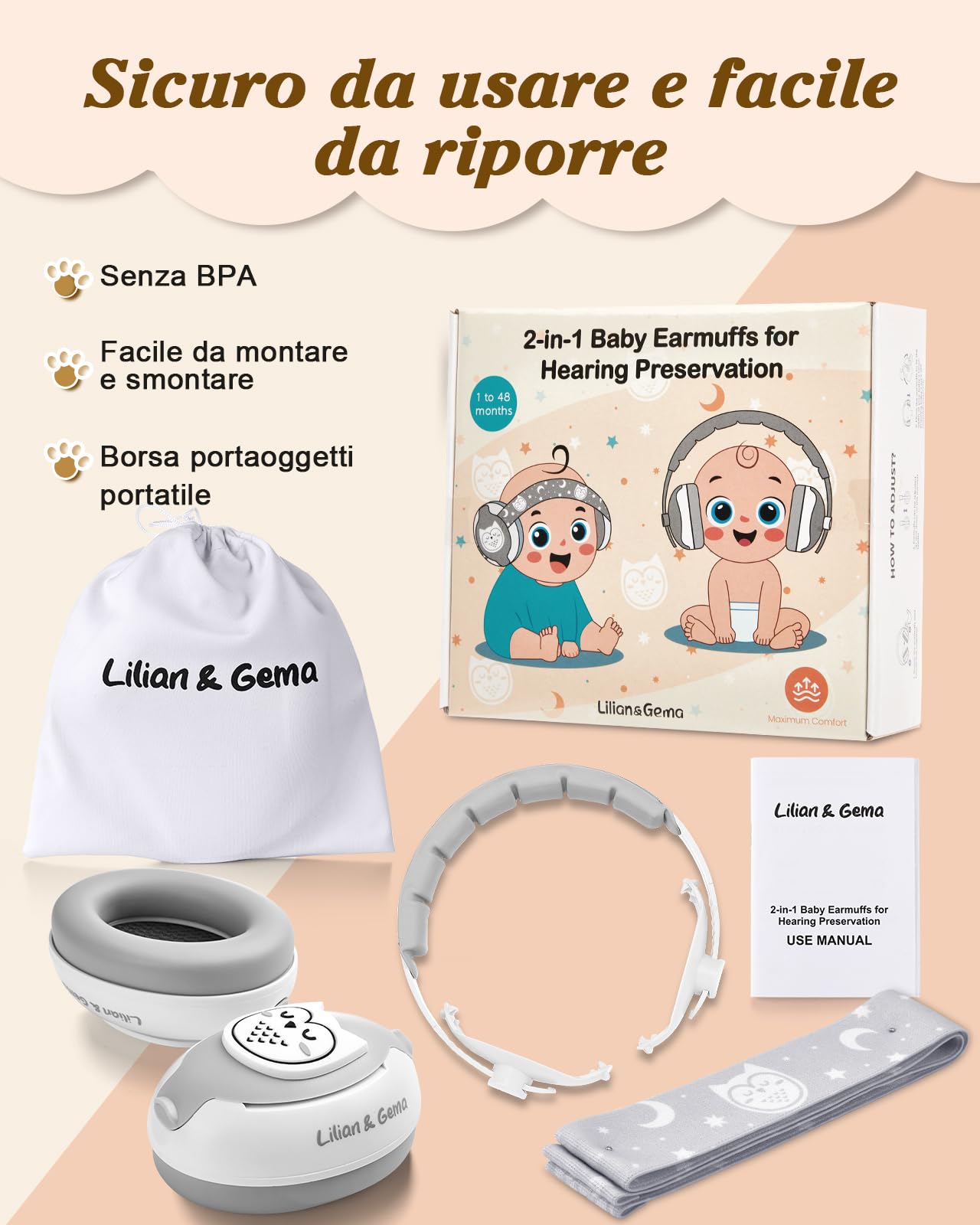 Lilian&Gema 2 in 1 Cuffie Neonato Antirumore -25dB,Protettori acustici per neonati, archetto regolabile, antiscivolo e antistress, protezione acustica ideale per neonati fino a 48 mesi